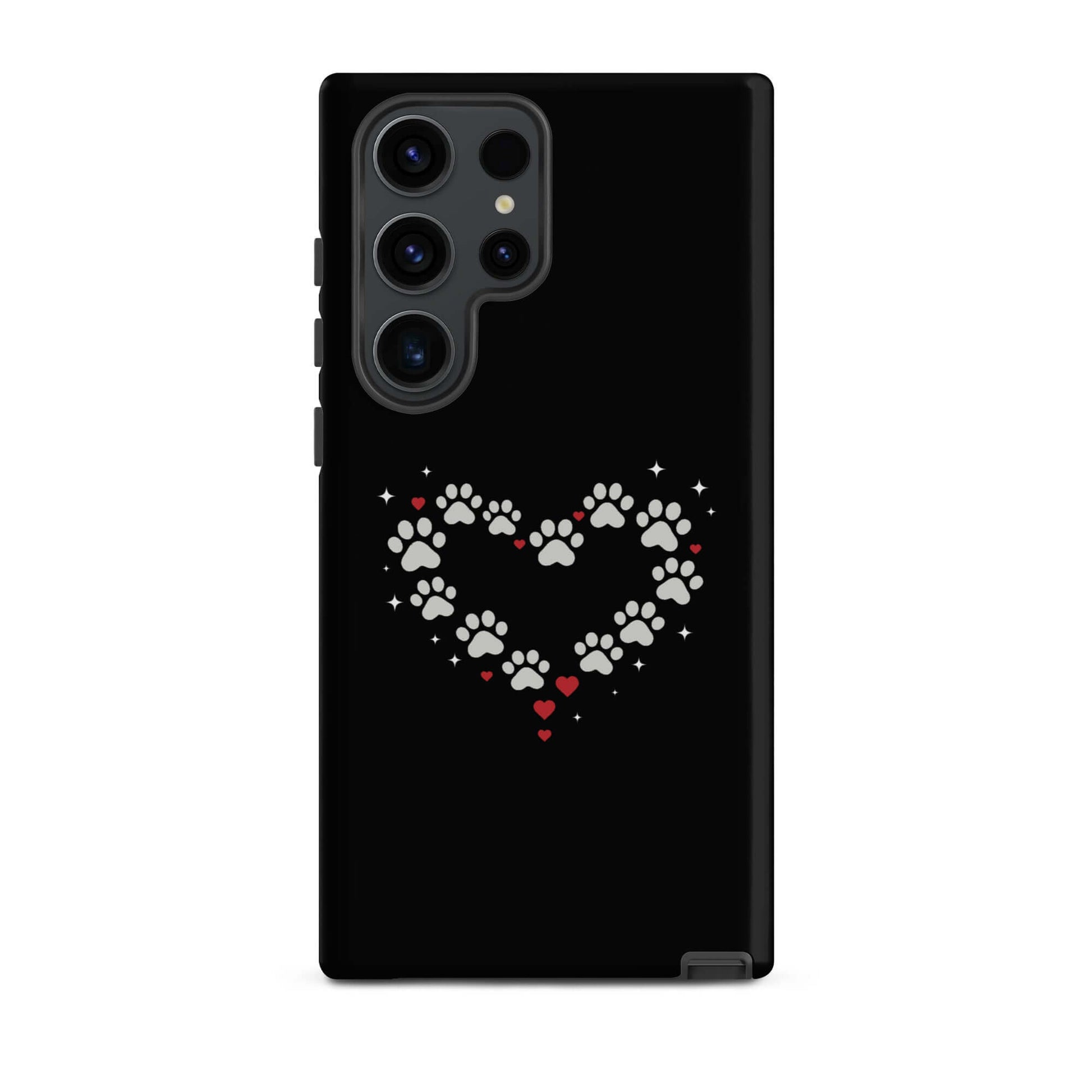 Phone Case for Samsung Galaxy featuring a paw-print heart design on a black background.