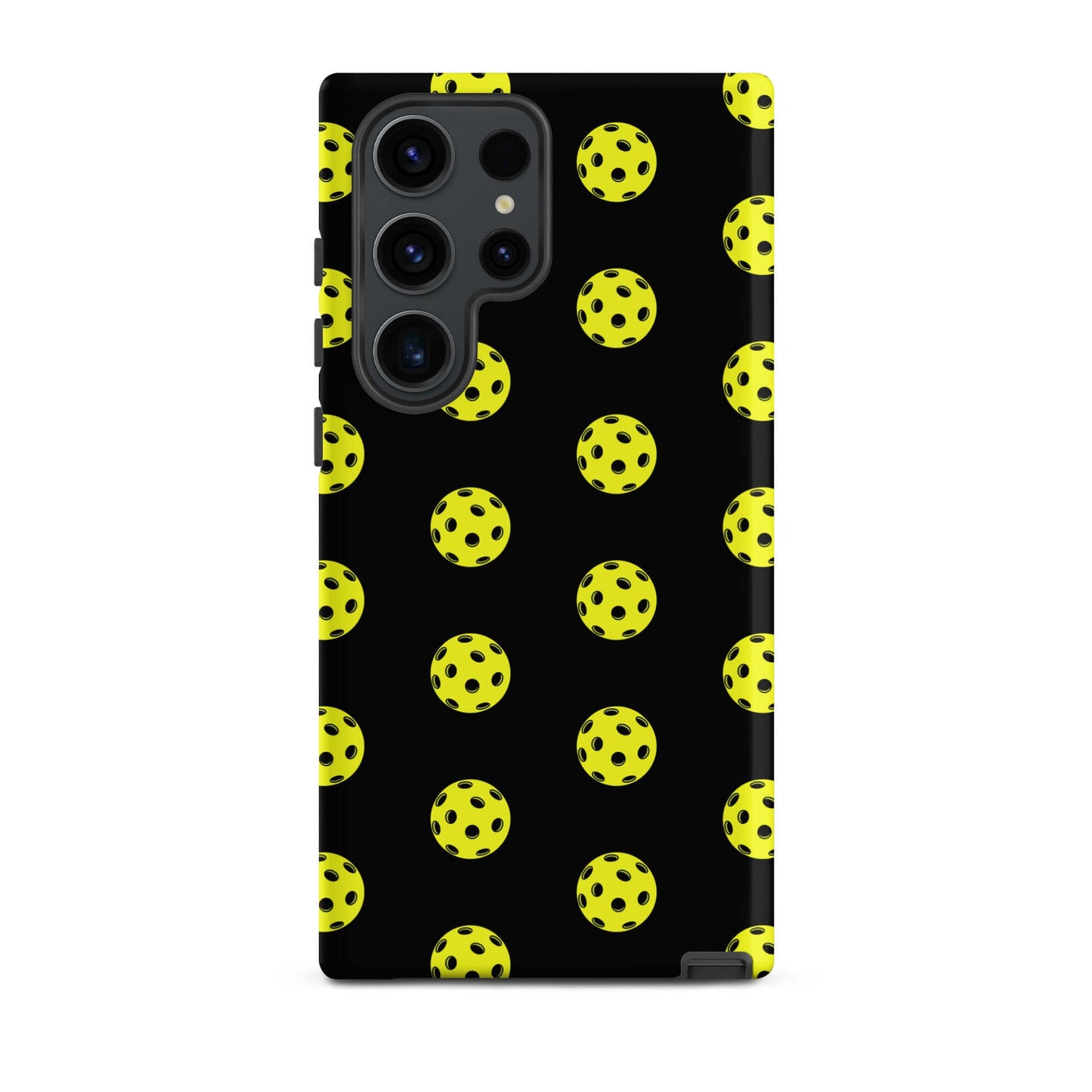 Phone Case for Samsung Galaxy with playful pickleball pattern on a black background.
