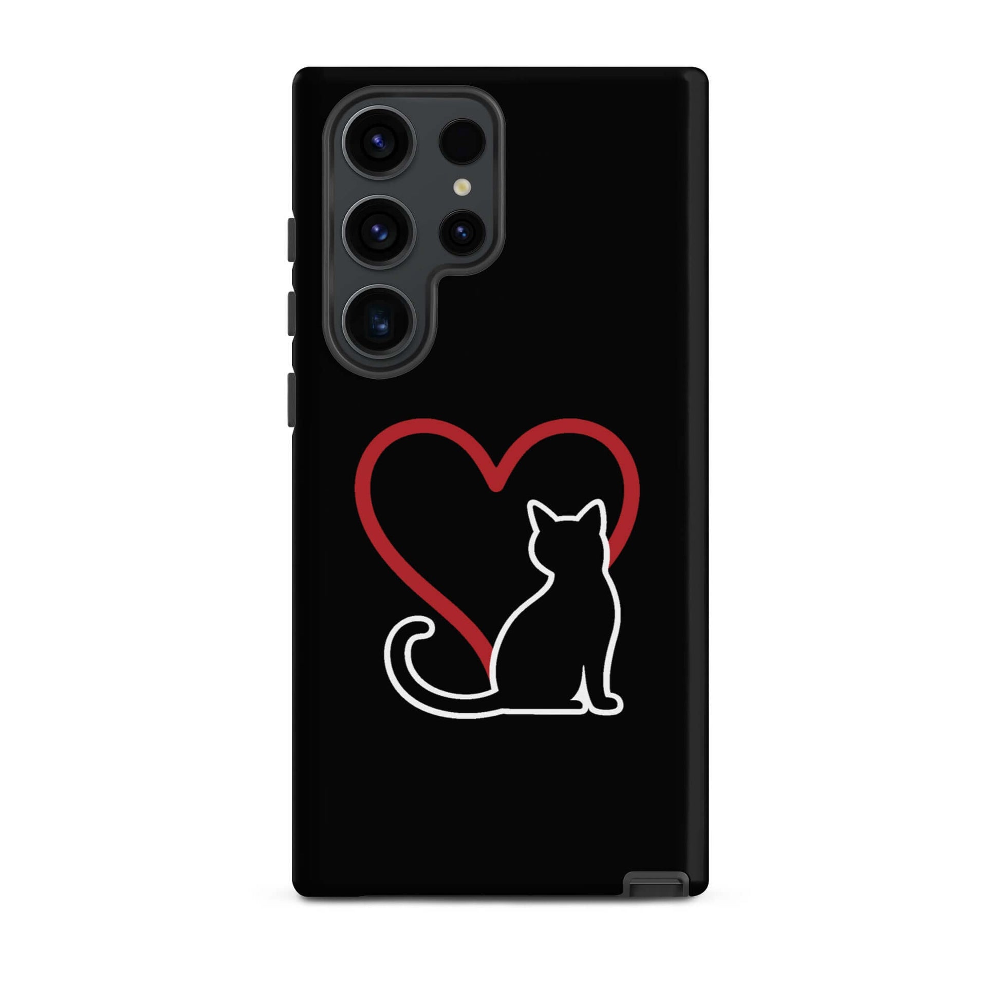 Phone Case for Samsung Galaxy featuring a minimalistic black cat and red heart design, ideal for cat lovers.
