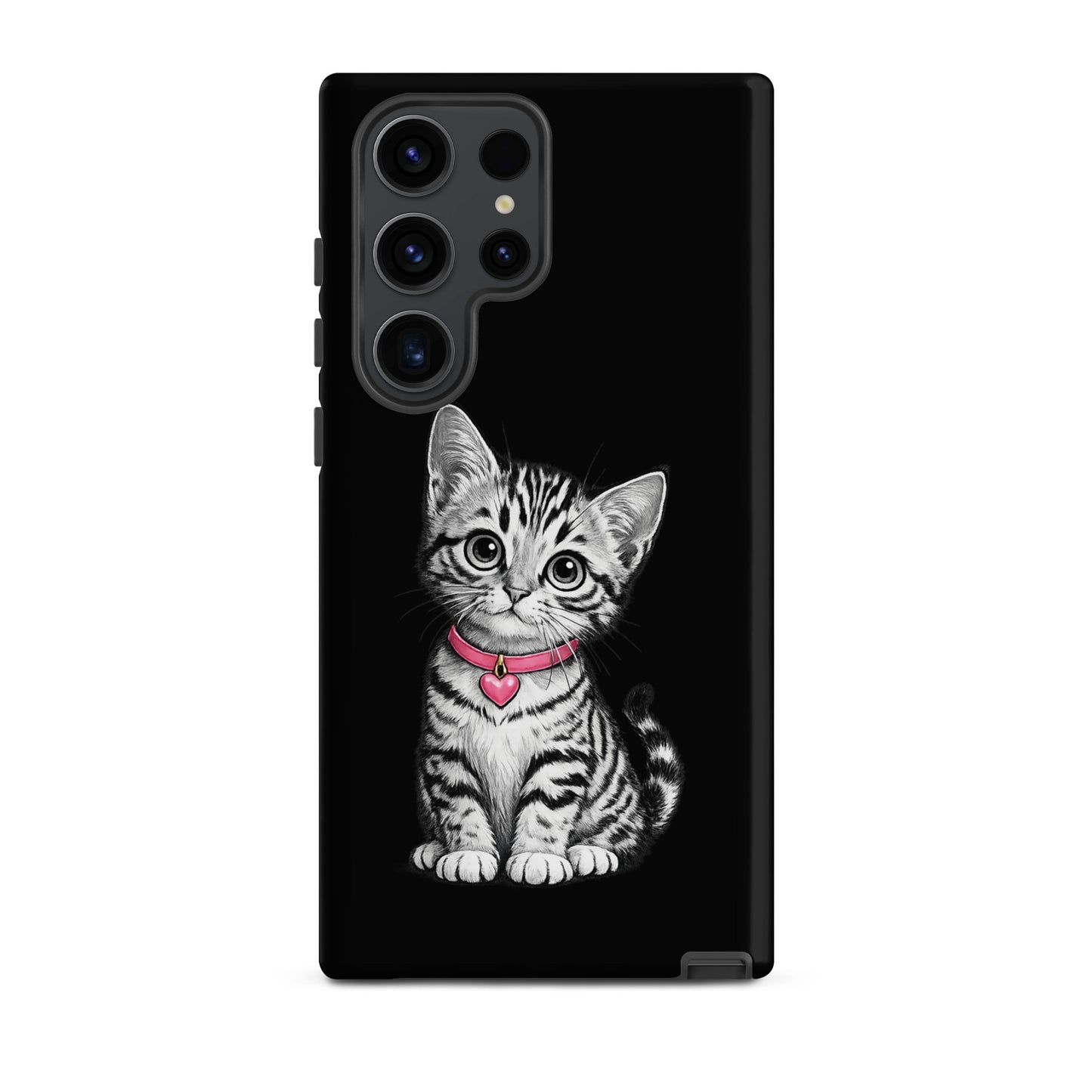 Phone Case for Samsung Galaxy featuring pencil-sketch kitten with pink collar and heart charm on black background