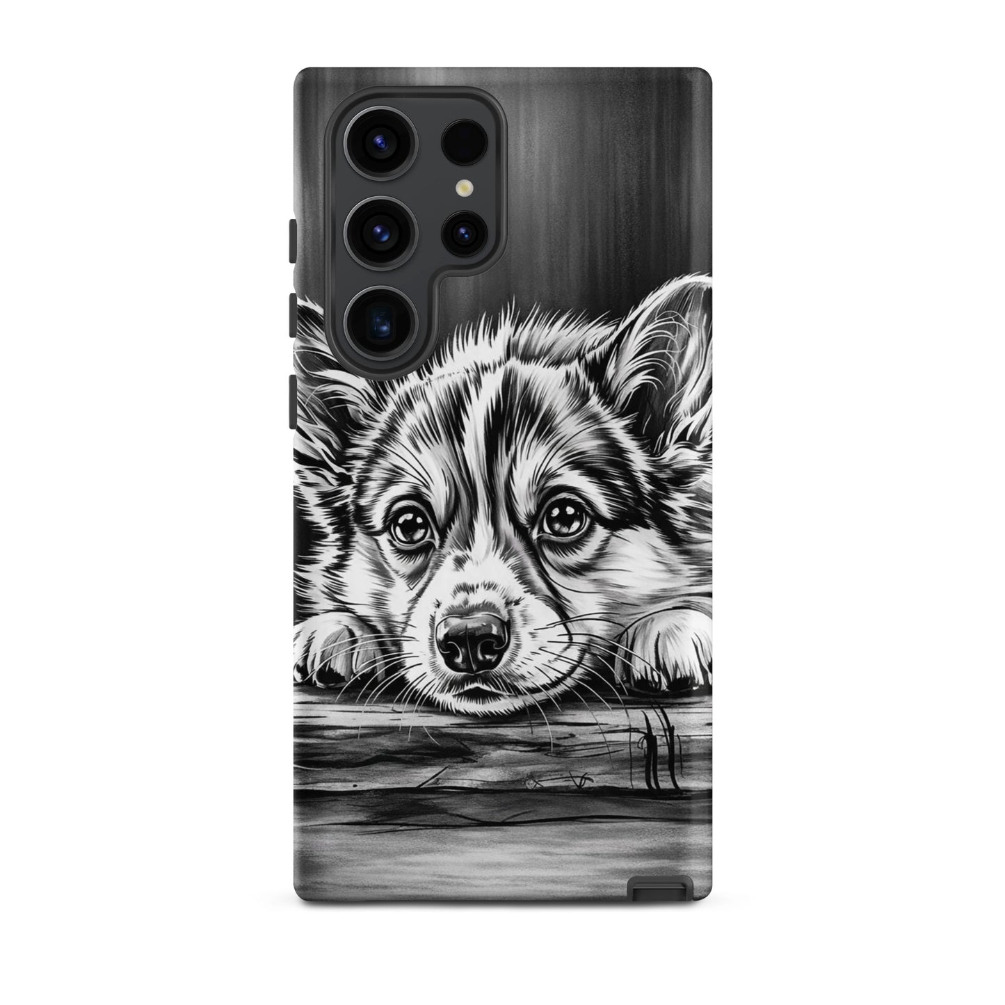 Phone Case for Samsung Galaxy with elegant black-and-white puppy art resting on wood, blending charm and protection in monochrome design.