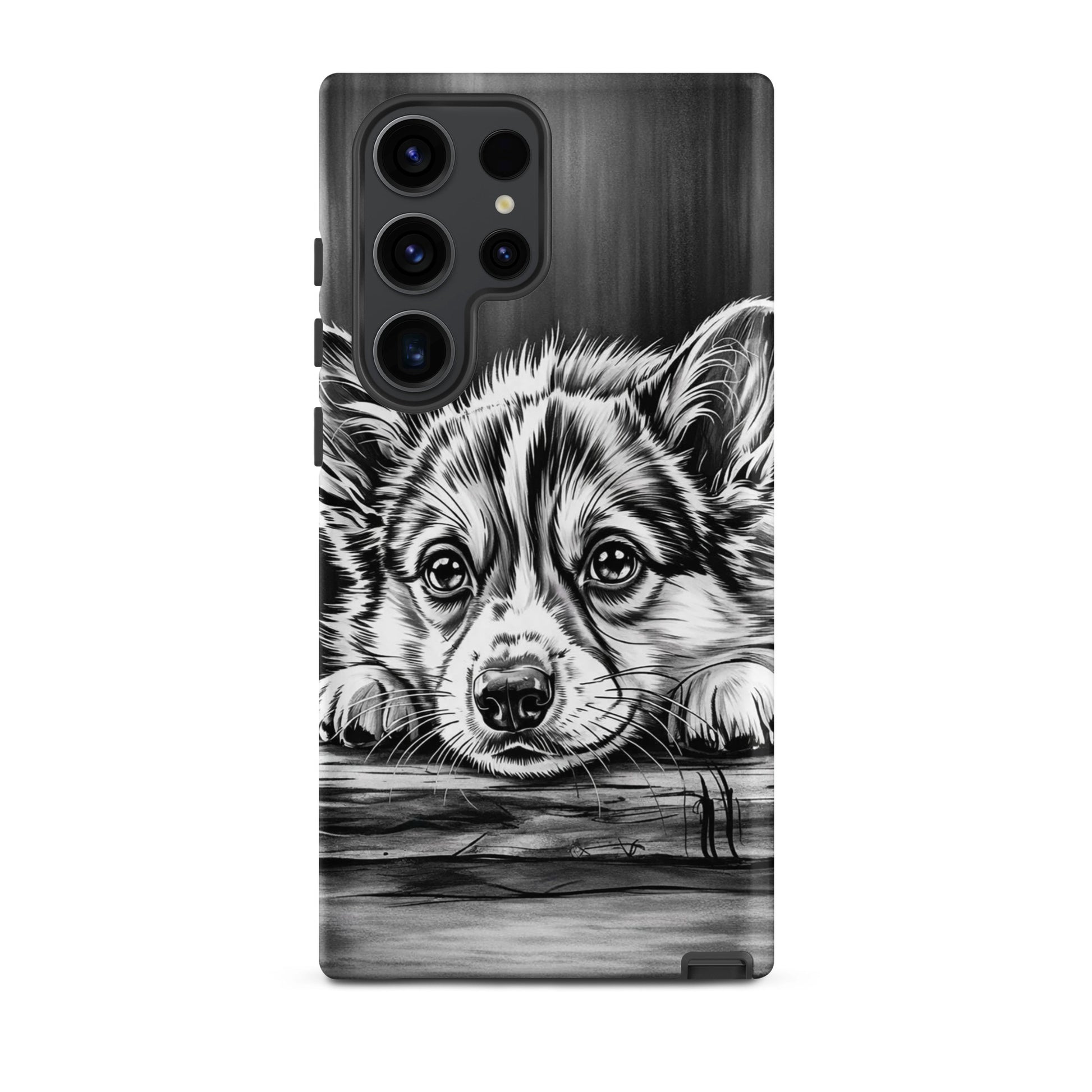 Phone Case for Samsung Galaxy with elegant black-and-white puppy art resting on wood, blending charm and protection in monochrome design.