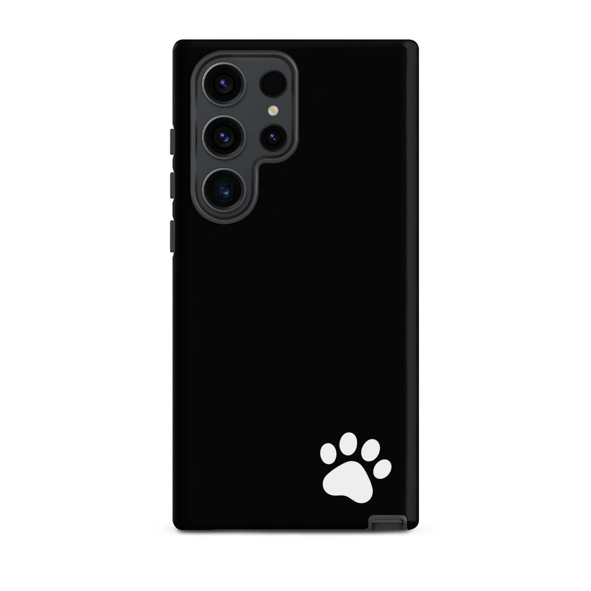 Black Phone Case for Samsung Galaxy with white paw print design, minimalist tough case for animal lovers.