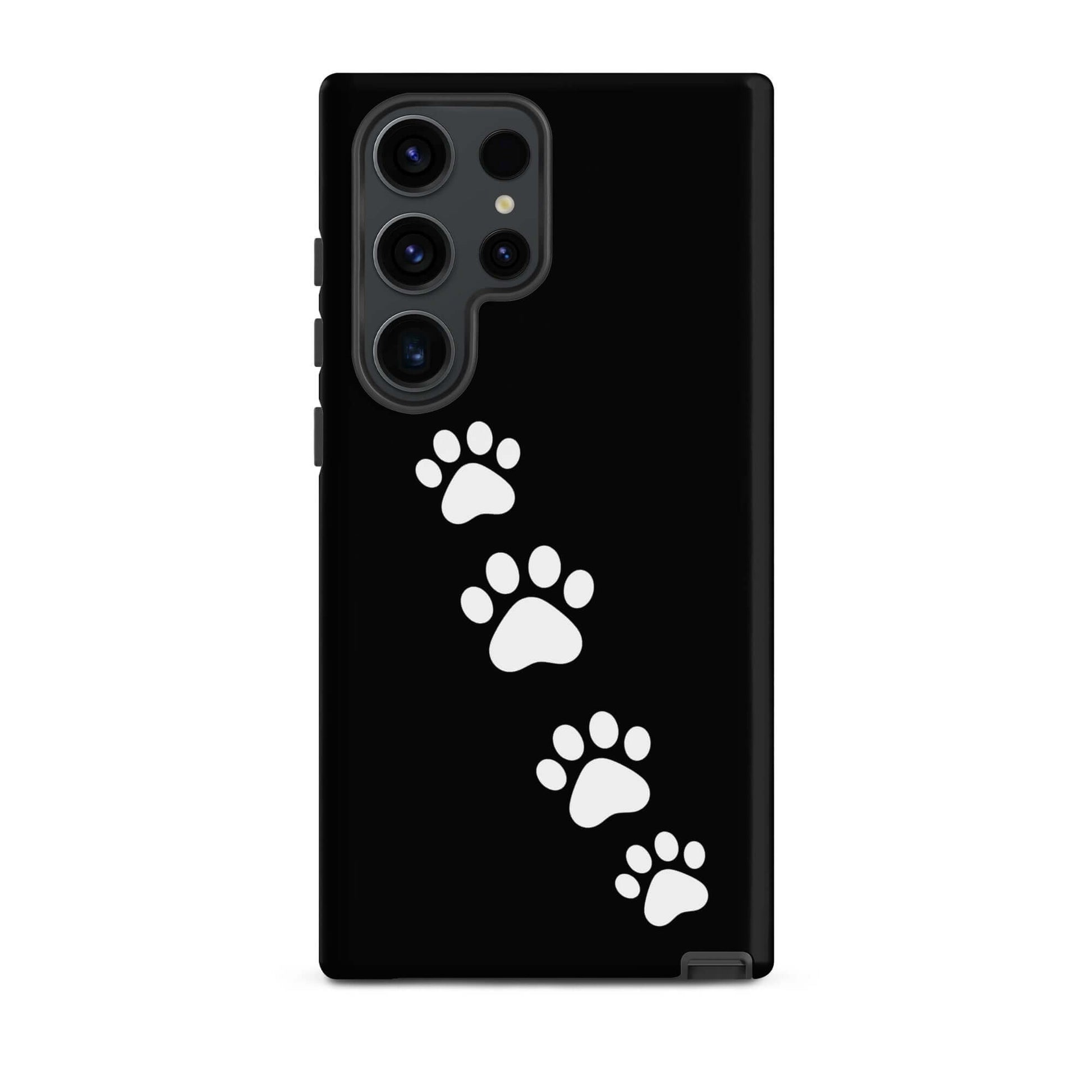 Phone case for Samsung Galaxy with paw-print trail design in white on black background for pet lovers.