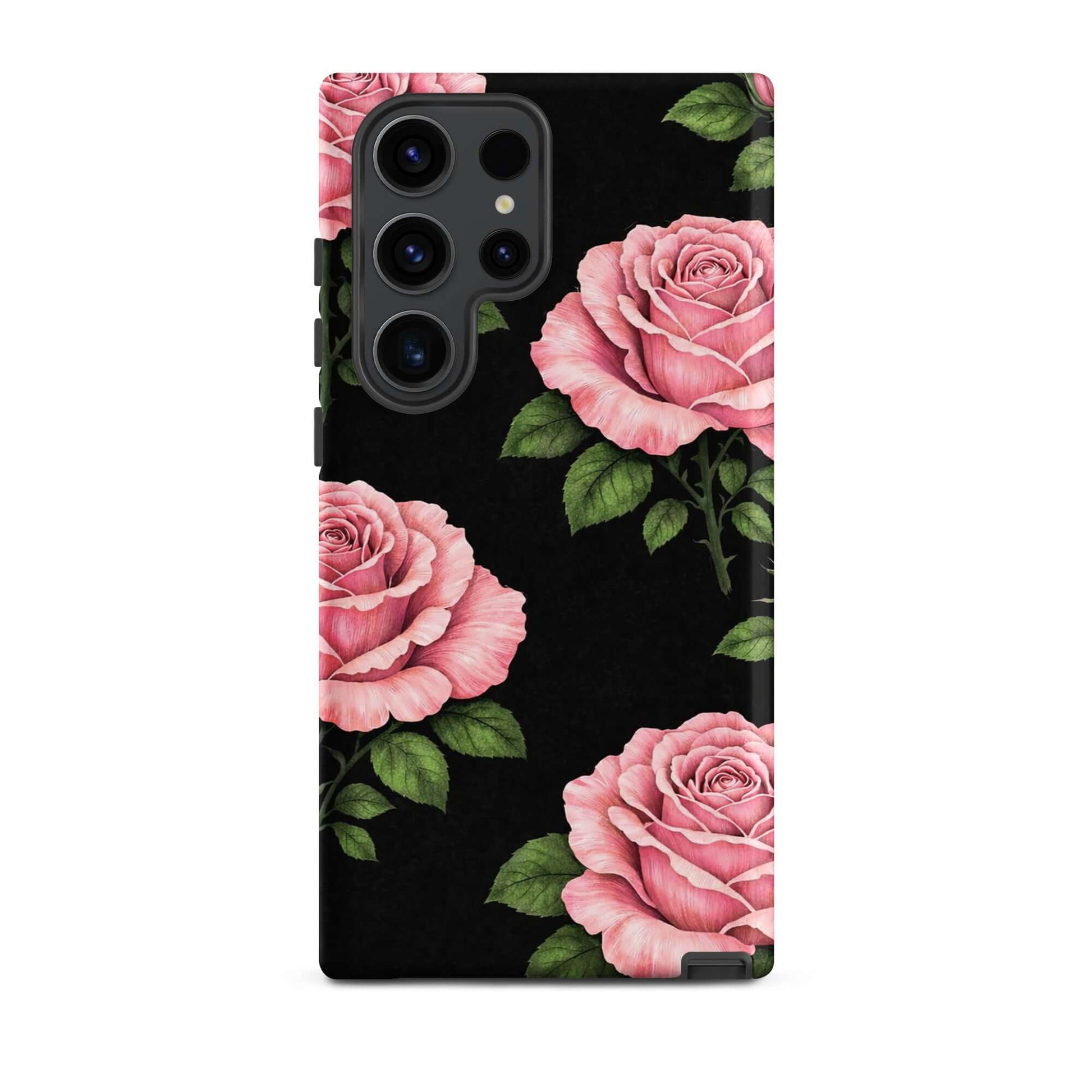 Phone Case for Samsung Galaxy with pink rose garden design, featuring soft pink roses and green leaves on black, tough and elegant.