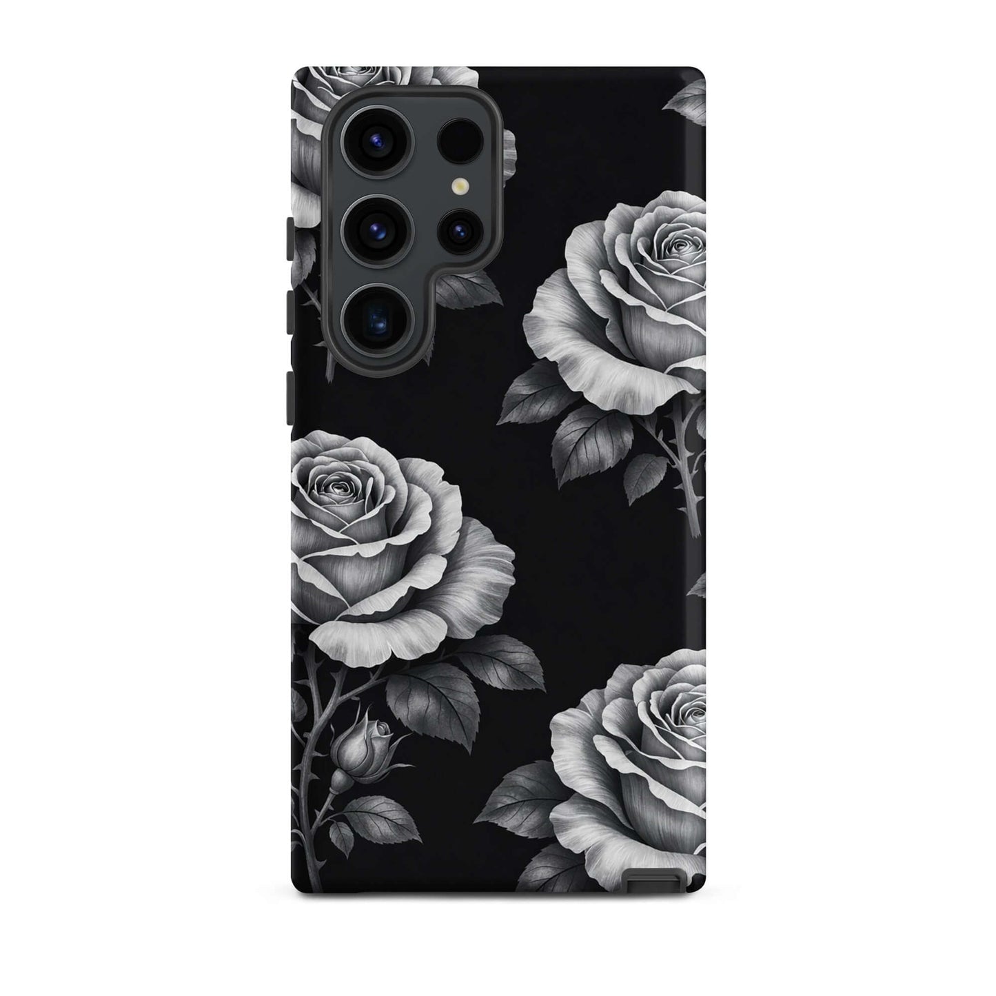 Phone Case for Samsung Galaxy with rose garden design, featuring hand-sketched roses and leaves on a black background.