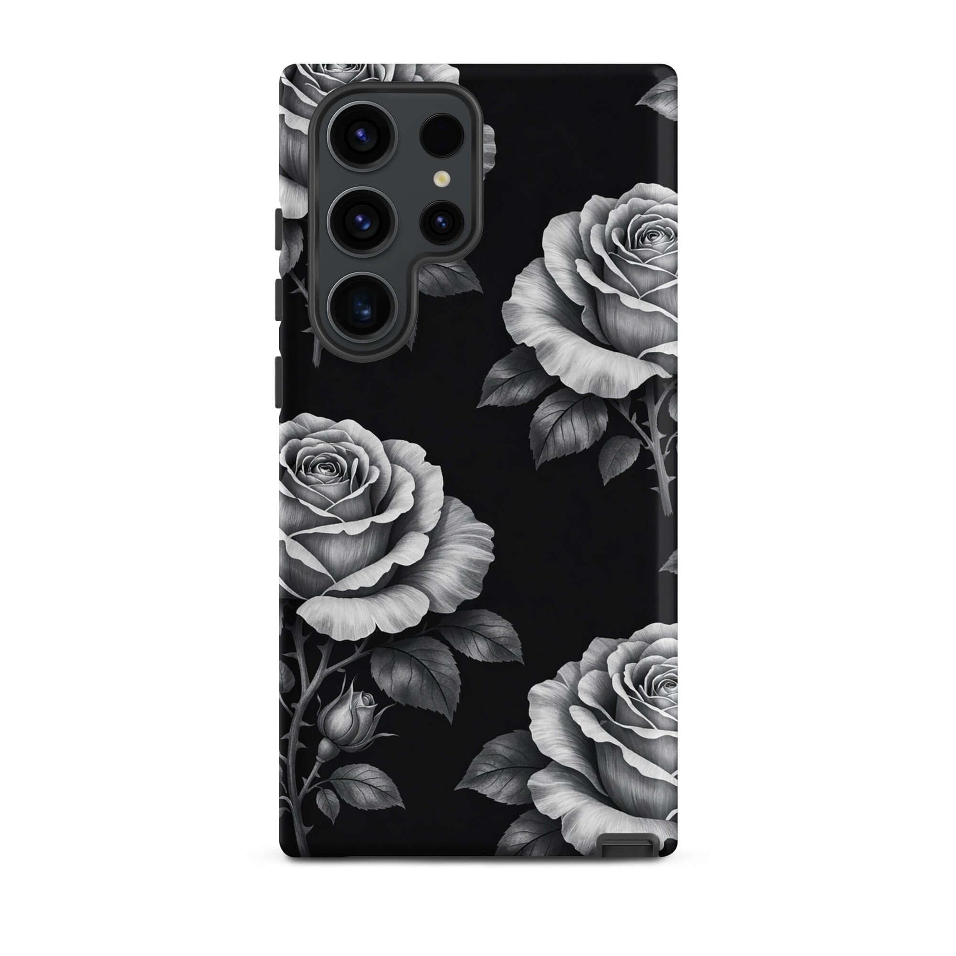 Phone Case for Samsung Galaxy with rose garden design, featuring hand-sketched roses and leaves on a black background.