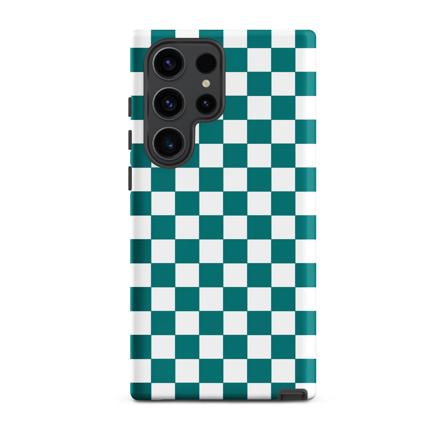 Teal and white checkered Phone Case for Samsung Galaxy, adds playful style to your phone with bold design, ideal for selfies and style showcase.