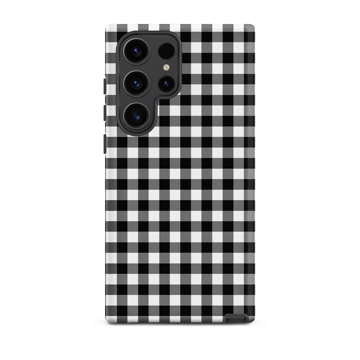 Black and white gingham patterned phone case for Samsung Galaxy, blending style and protection.