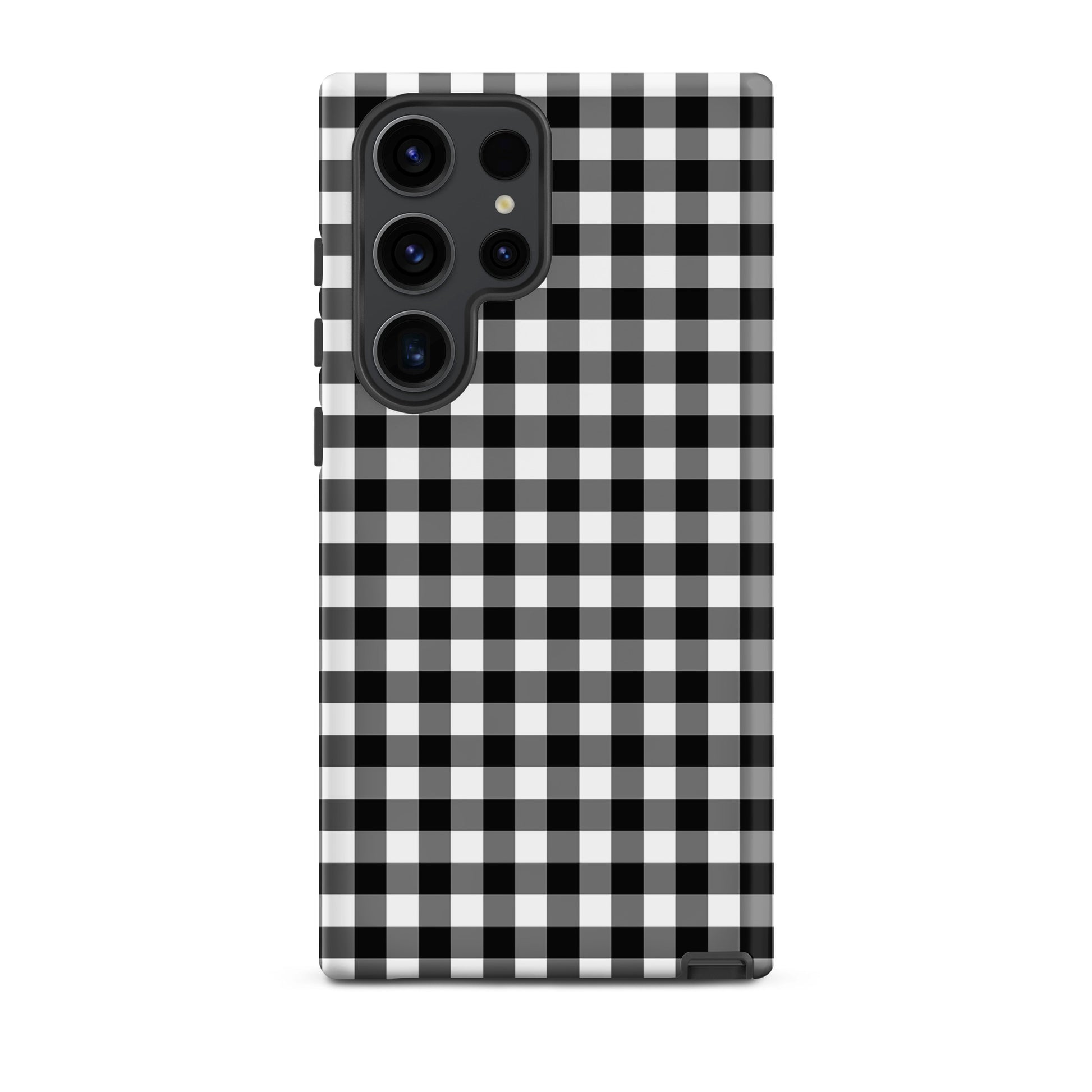 Black and white gingham patterned phone case for Samsung Galaxy, blending style and protection.