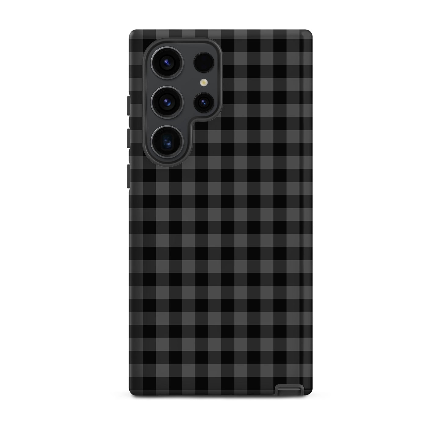 Phone Case for Samsung Galaxy with black-and-charcoal gingham pattern, stylish and durable design for added protection.