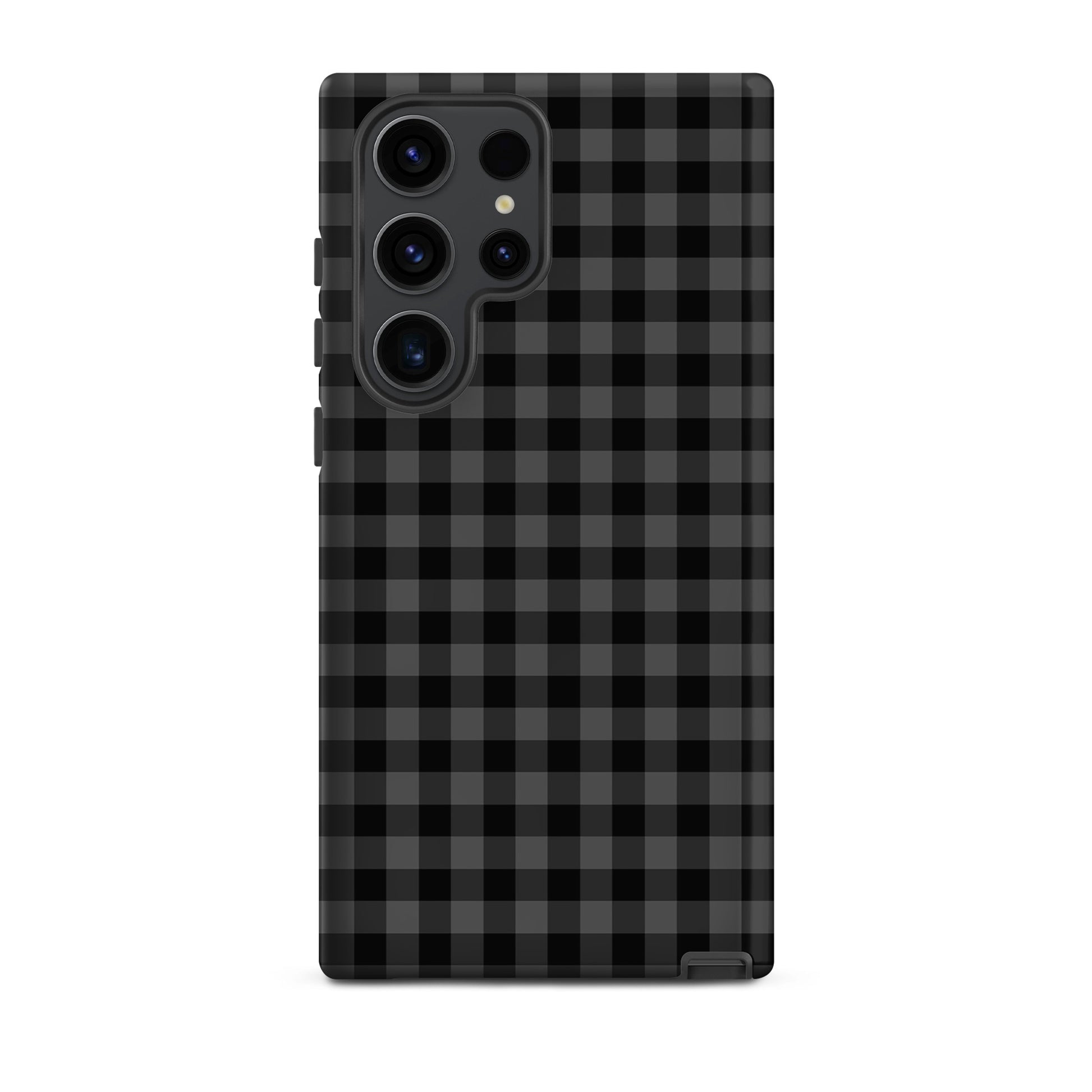 Phone Case for Samsung Galaxy with black-and-charcoal gingham pattern, stylish and durable design for added protection.