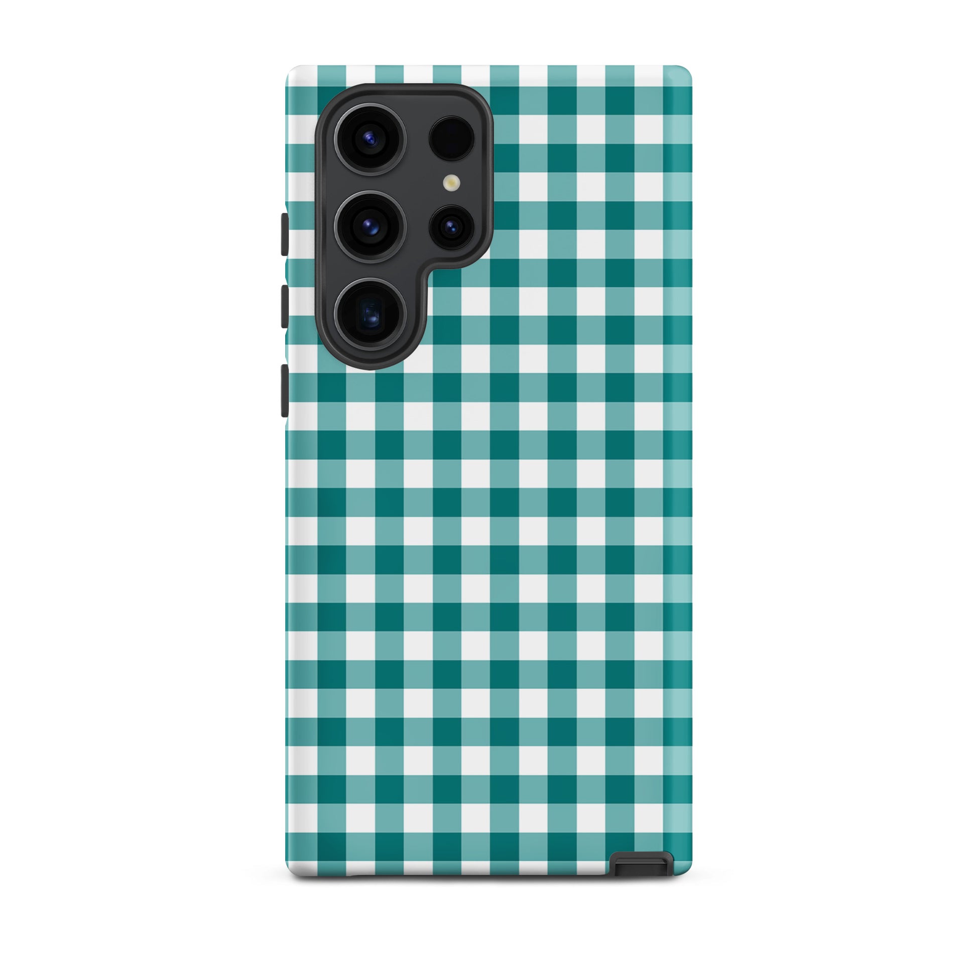 Phone Case for Samsung Galaxy in teal gingham pattern, combining style and protection.