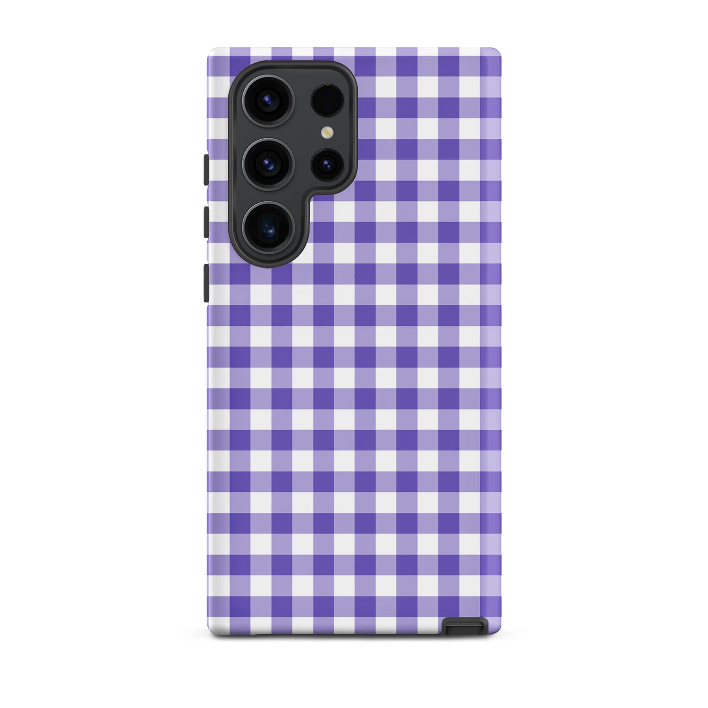 Phone case for Samsung Galaxy featuring purple and white gingham pattern, stylish and durable