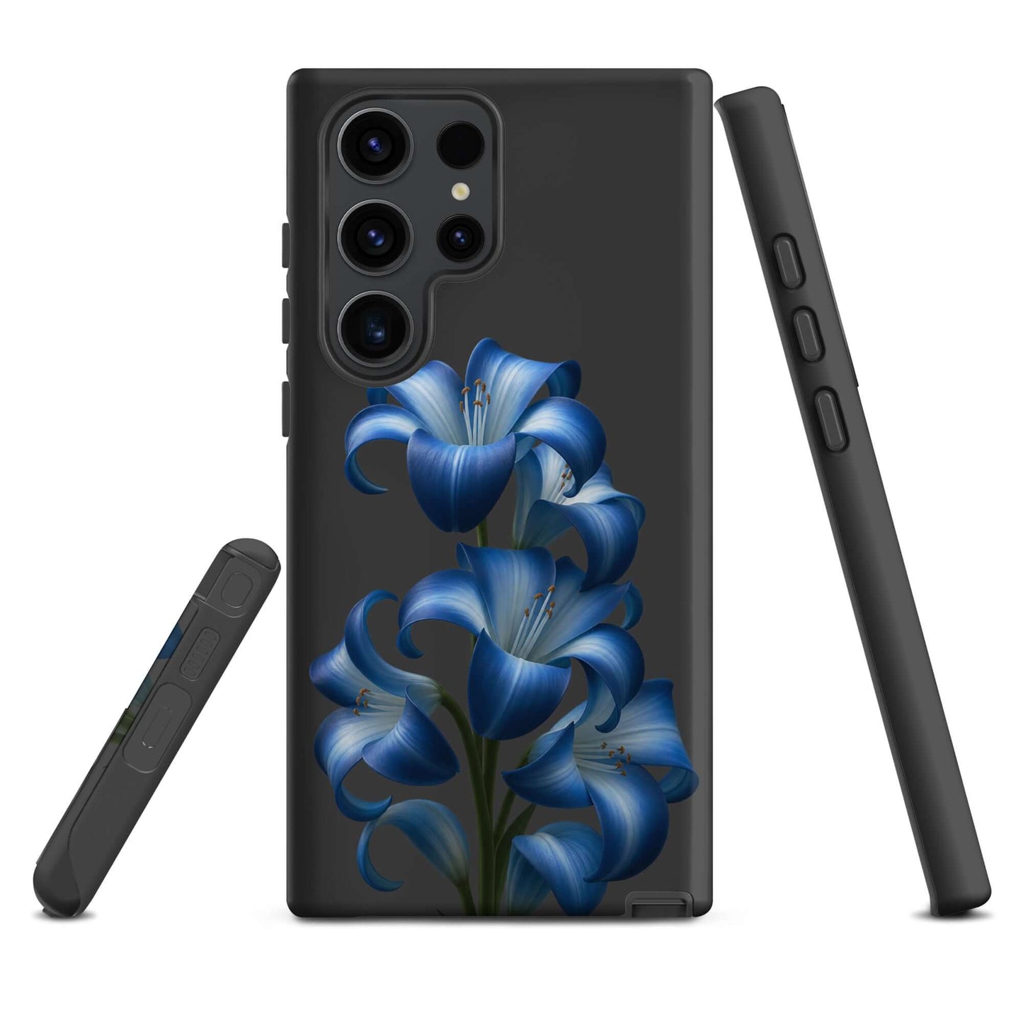 Phone Case for Samsung Galaxy with blue lily bloom art design on dark sleek backdrop