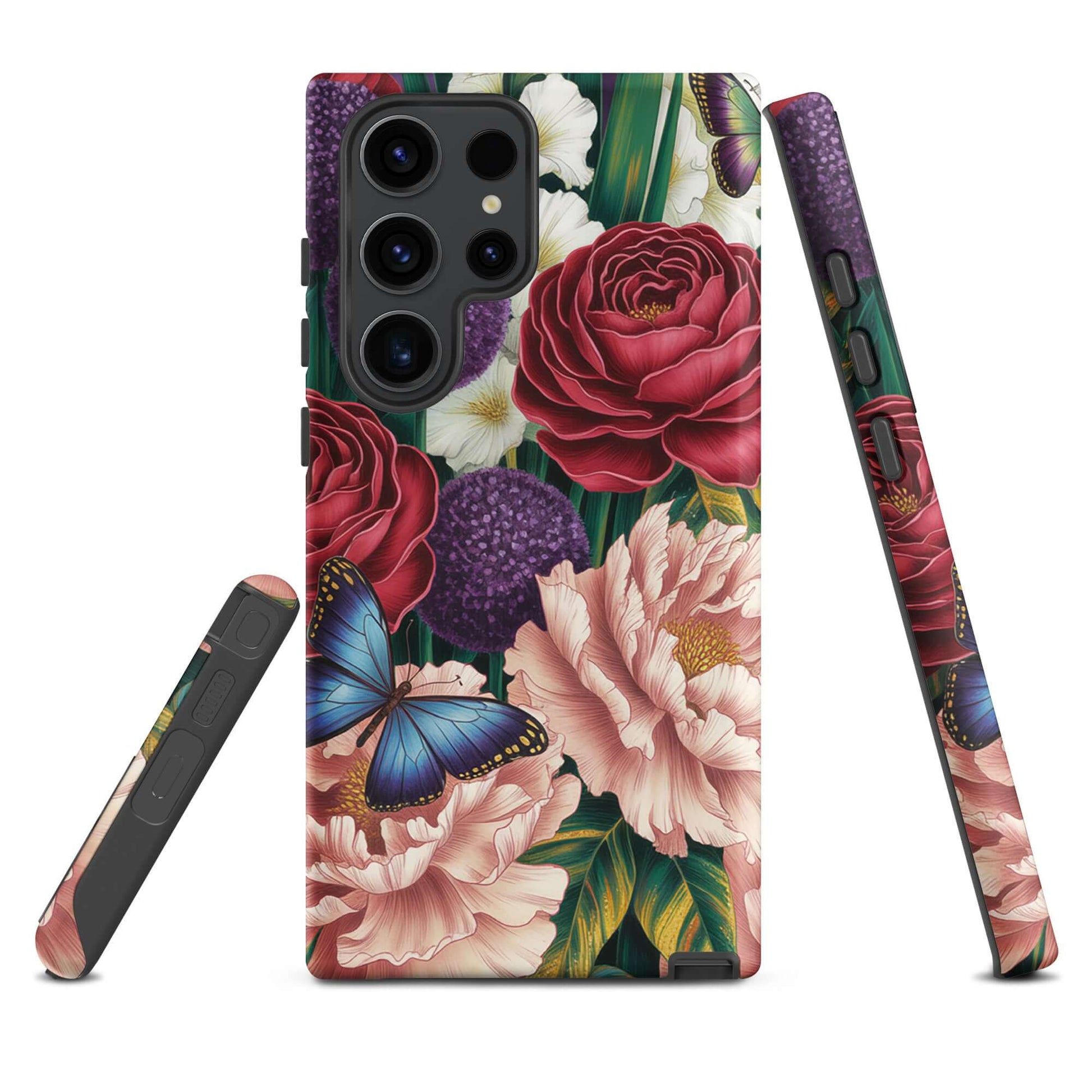 Phone Case for Samsung Galaxy featuring vivid roses, peonies, and butterflies in a botanical garden design.