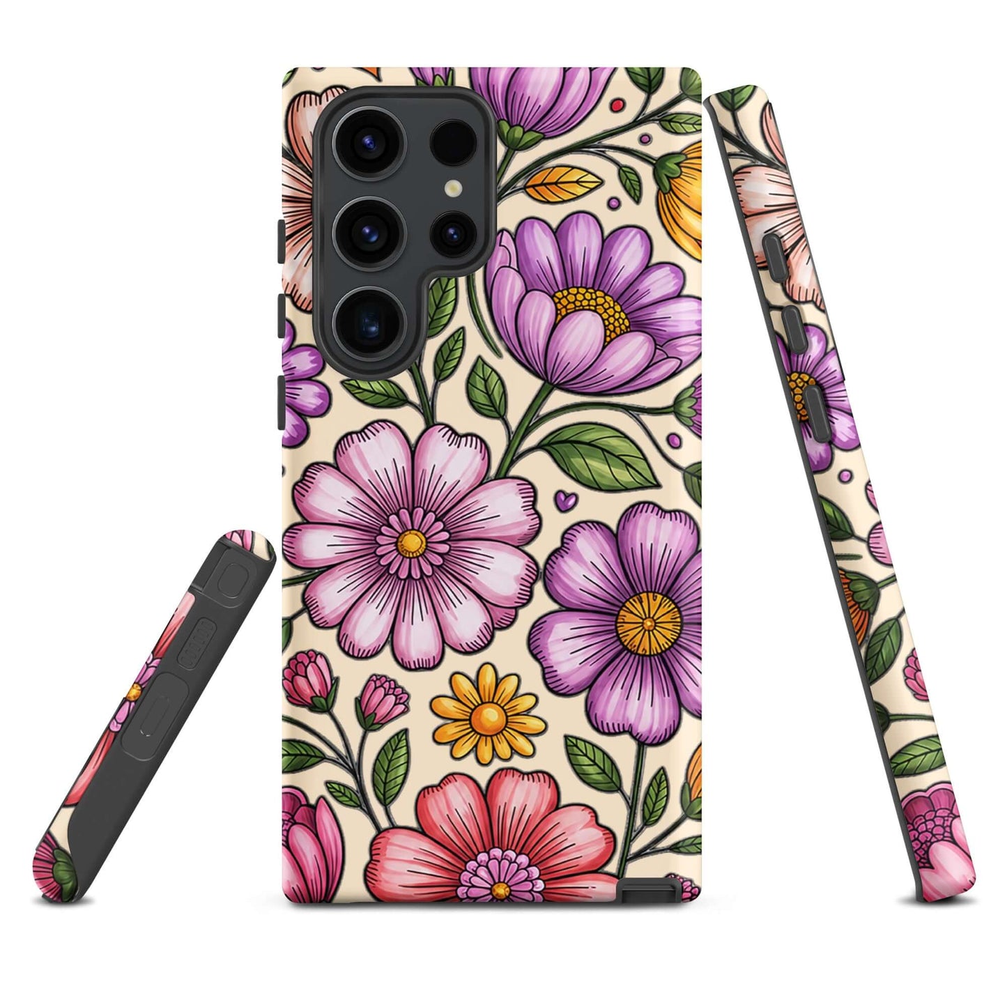 Phone Case for Samsung Galaxy: Pastel Floral design with dual-layer protection showcasing pink, peach, and lavender blooms.