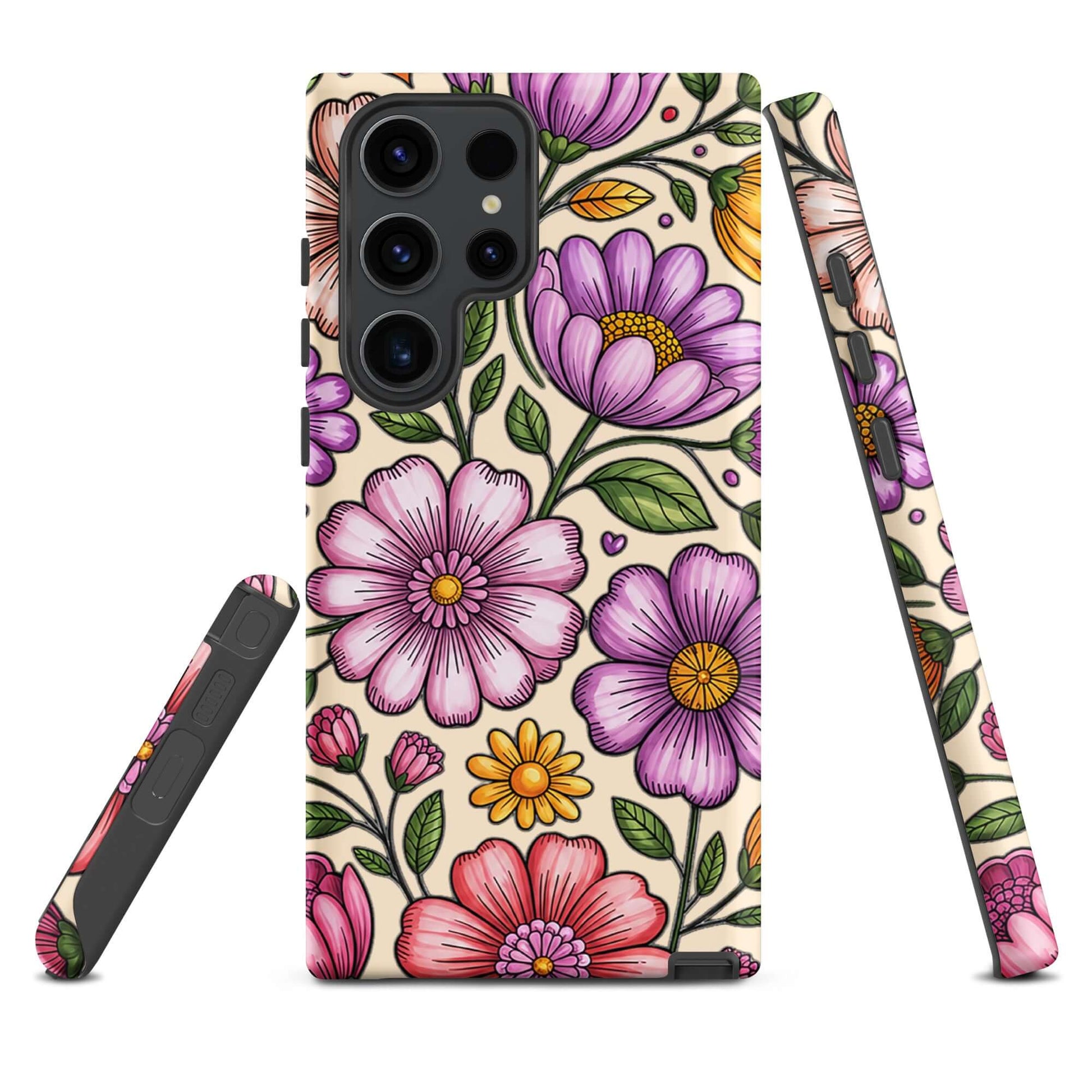 Phone Case for Samsung Galaxy: Pastel Floral design with dual-layer protection showcasing pink, peach, and lavender blooms.