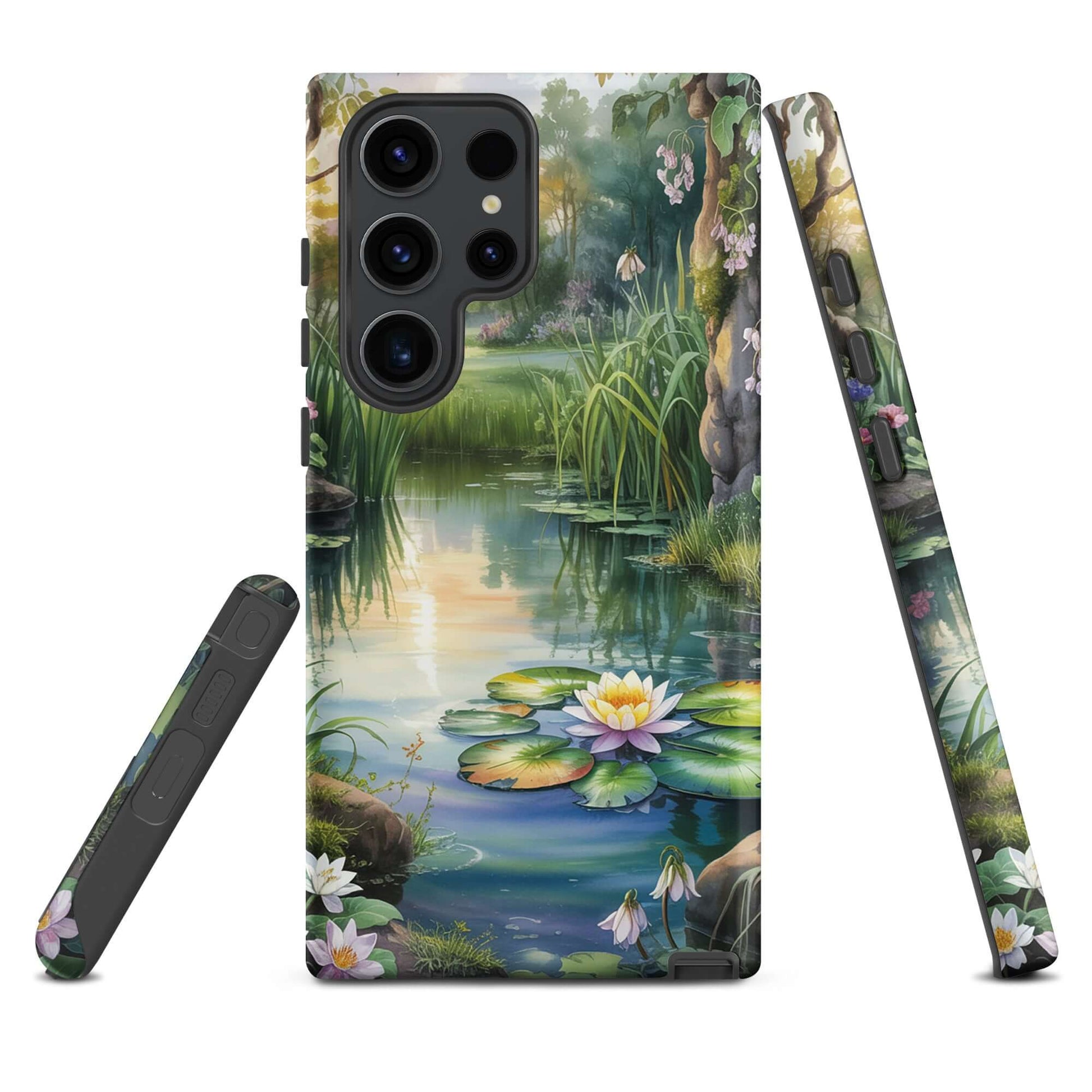 Phone Case with enchanted pond design for Samsung Galaxy, featuring water lilies and sunset reflections in a tranquil setting.