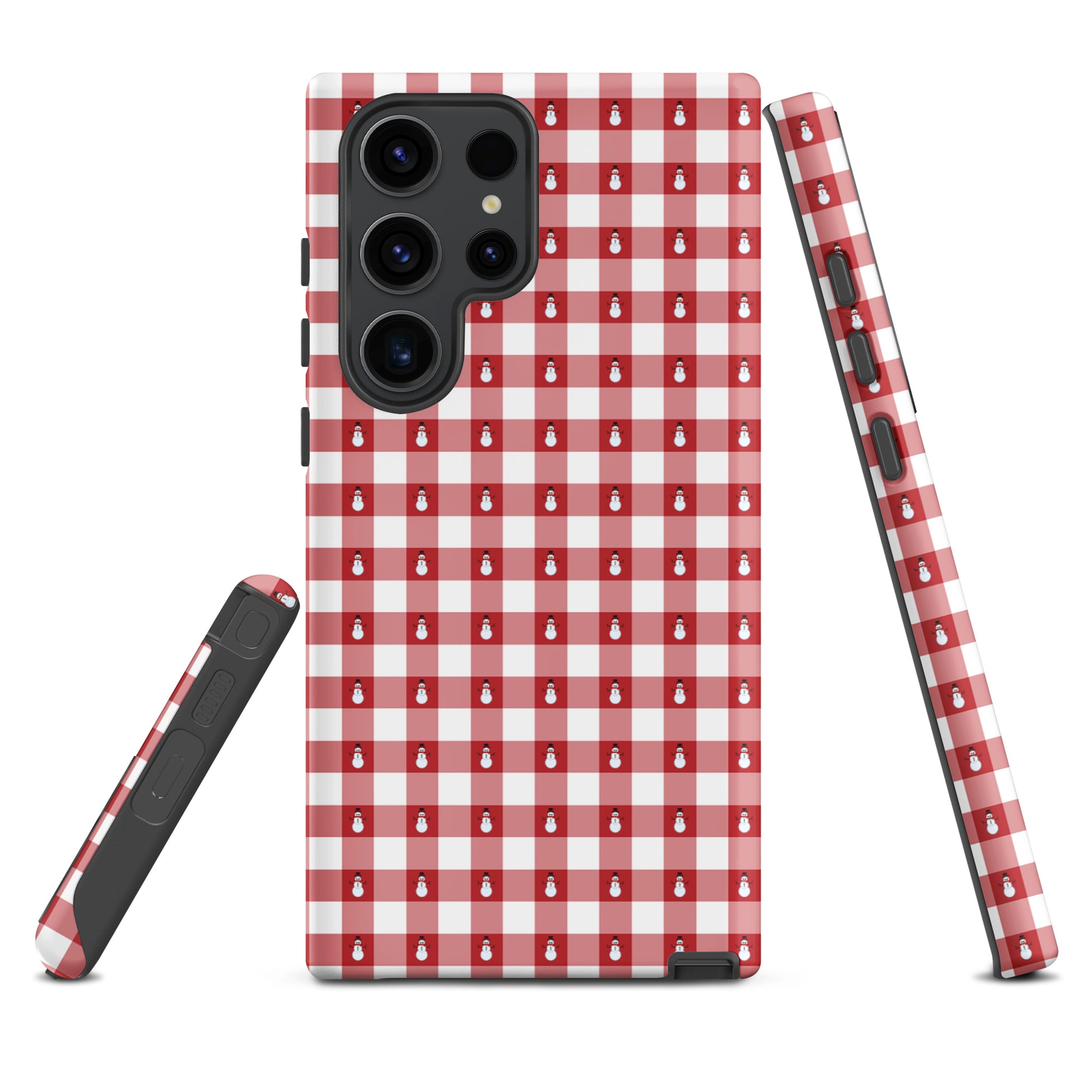 Phone Case for Samsung Galaxy with snowman gingham winter design in red and white, offering festive style and durable protection.