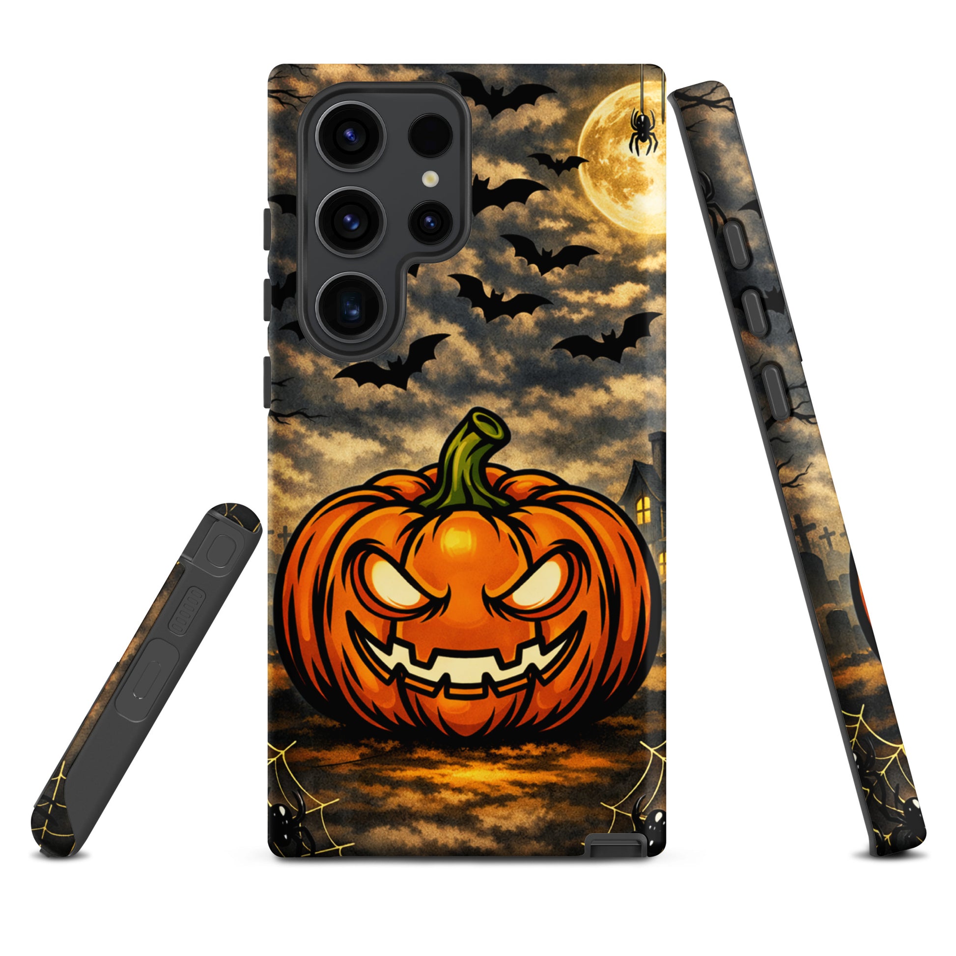 Phone Case for Samsung Galaxy with haunted pumpkin, swirling bats, moonlit clouds, and spooky Halloween scene design.