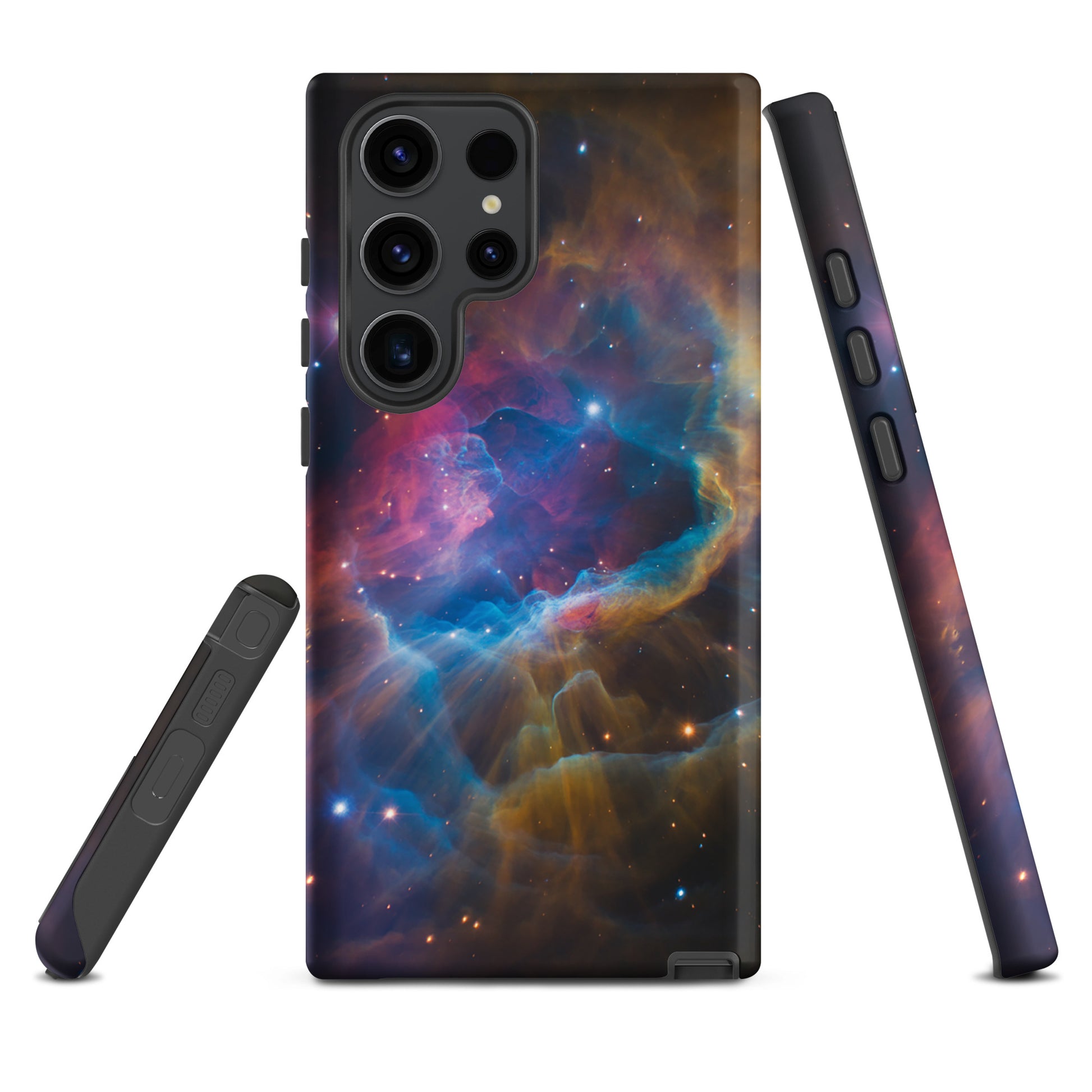 Phone Case for Samsung Galaxy with nebula cosmic starburst design in electric blues, fiery oranges, and dreamy pinks.