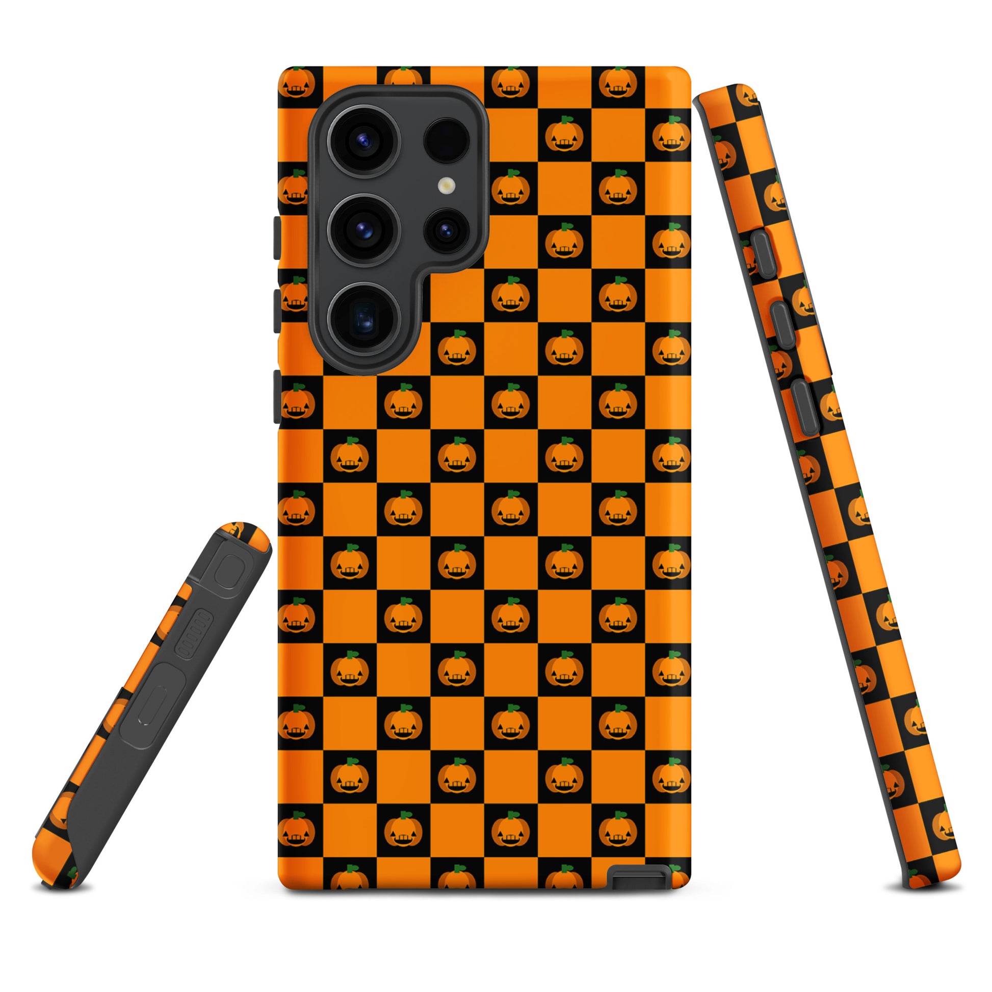 Phone Case for Samsung Galaxy with Pumpkin Checkered Halloween Design featuring jack-o'-lanterns in orange and black squares.