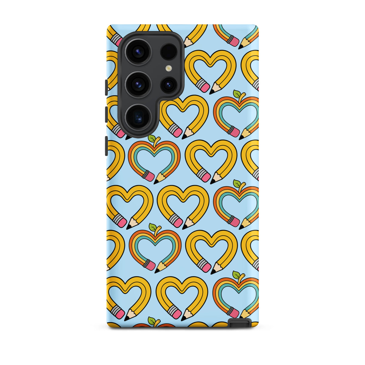 Phone Case with playful pencil-heart pattern for Samsung Galaxy, featuring colorful hearts and leaves, symbolizing creativity and growth.