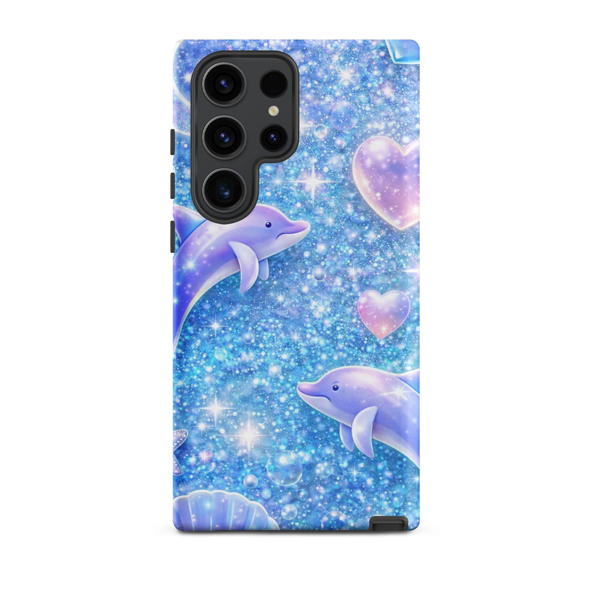 Phone Case for Samsung Galaxy with Ocean Glitter Dolphins design, featuring sparkling dolphins, pastel moons, and celestial accents.