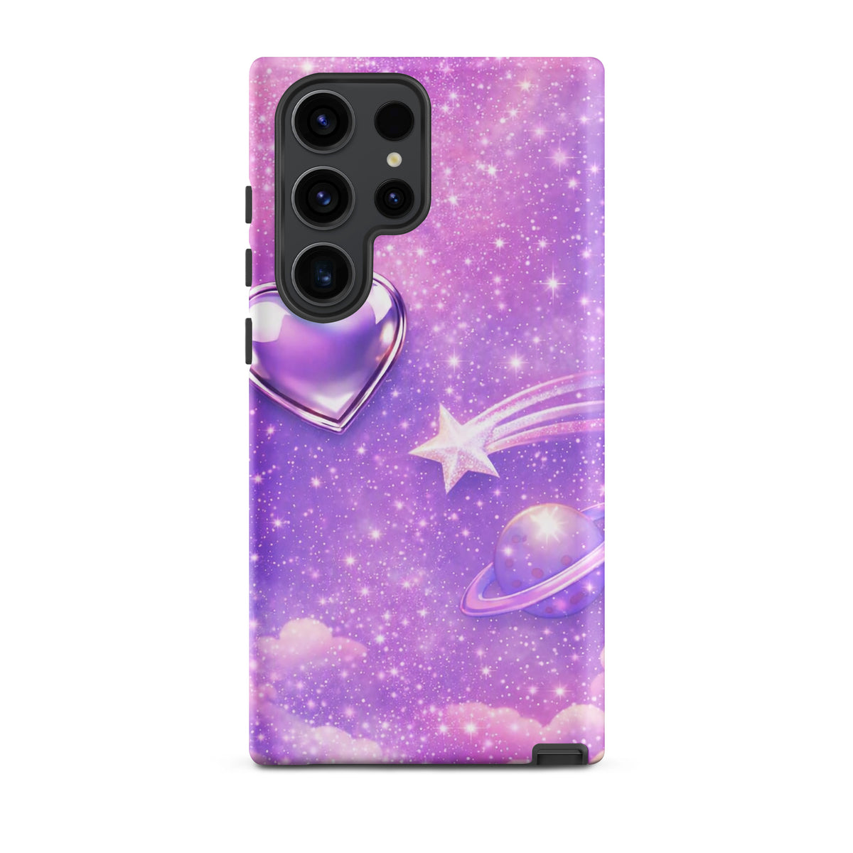 Phone Case for Samsung Galaxy with Cosmic Heart and Shooting Star design, featuring celestial artwork with pastel clouds and iridescent accents.