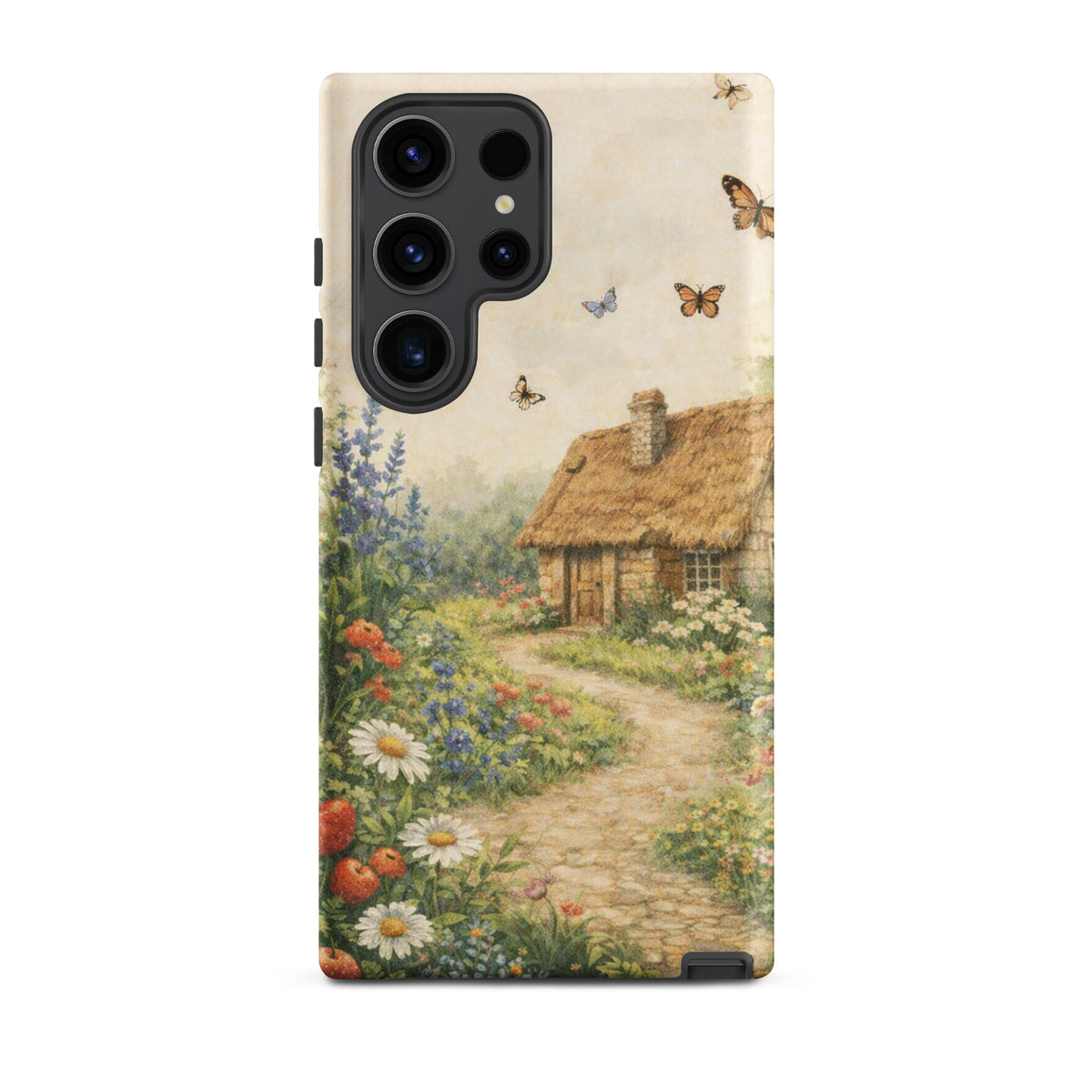 Phone Case for Samsung Galaxy with cottage garden art featuring a thatched-roof stone cottage, path, and floral garden design.