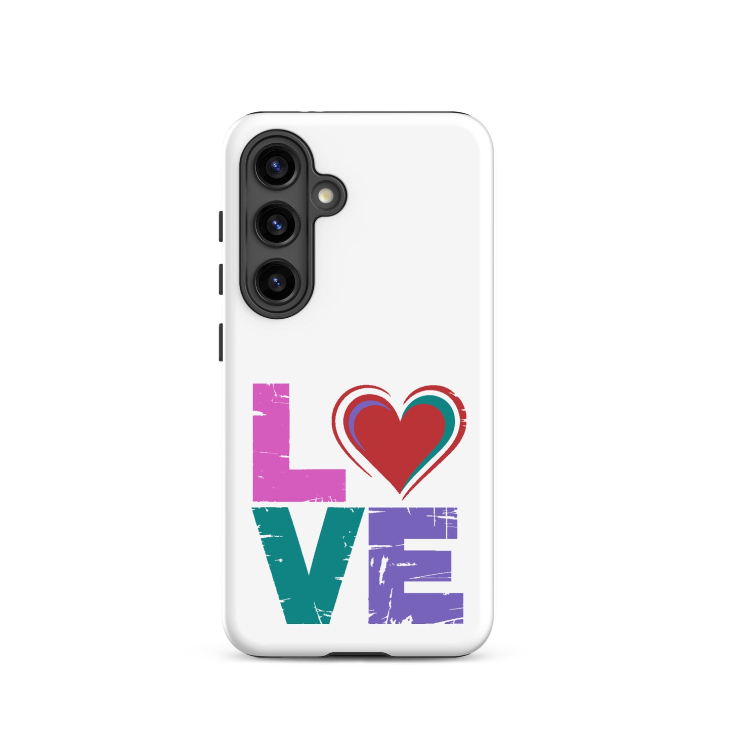 Tough case for Samsung Galaxy Phones featuring the word 'love' and a heart design in colorful letters.
