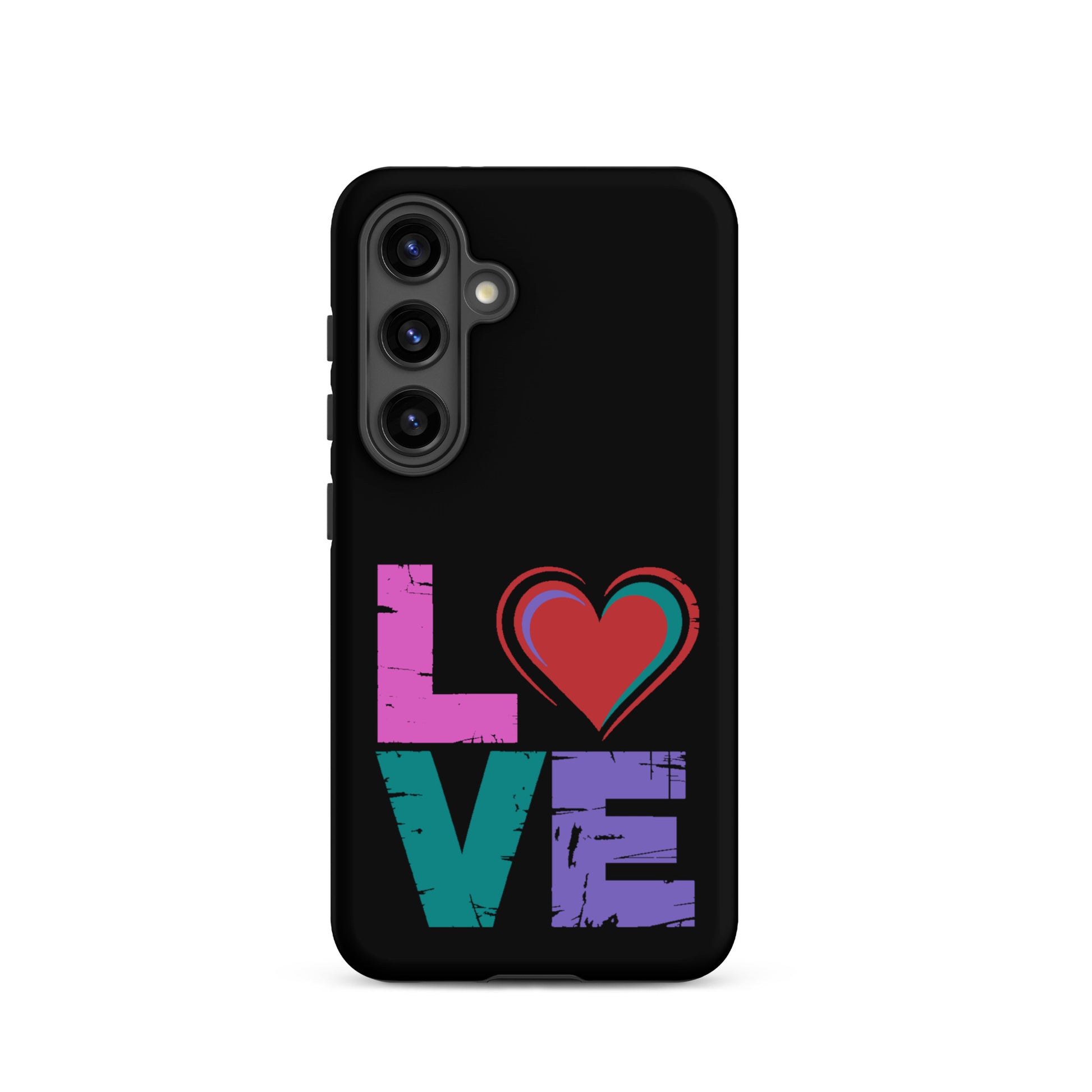 Tough case for Samsung Galaxy Phones featuring colorful 'LOVE' design with heart on a black background.