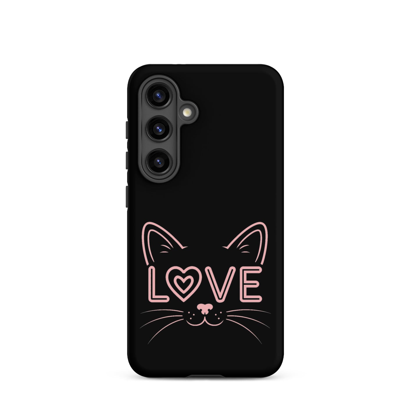 Cat Love phone case for Samsung Galaxy featuring a minimalist cat face and the word 'LOVE' in pink.