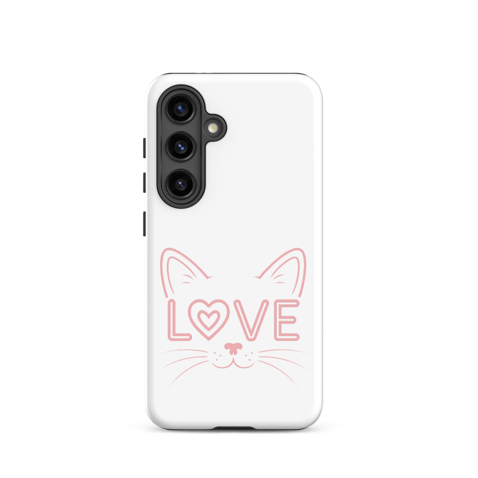 Cat Love Phone Case for Samsung Galaxy featuring a minimalist cat face design and the word 'love'.
