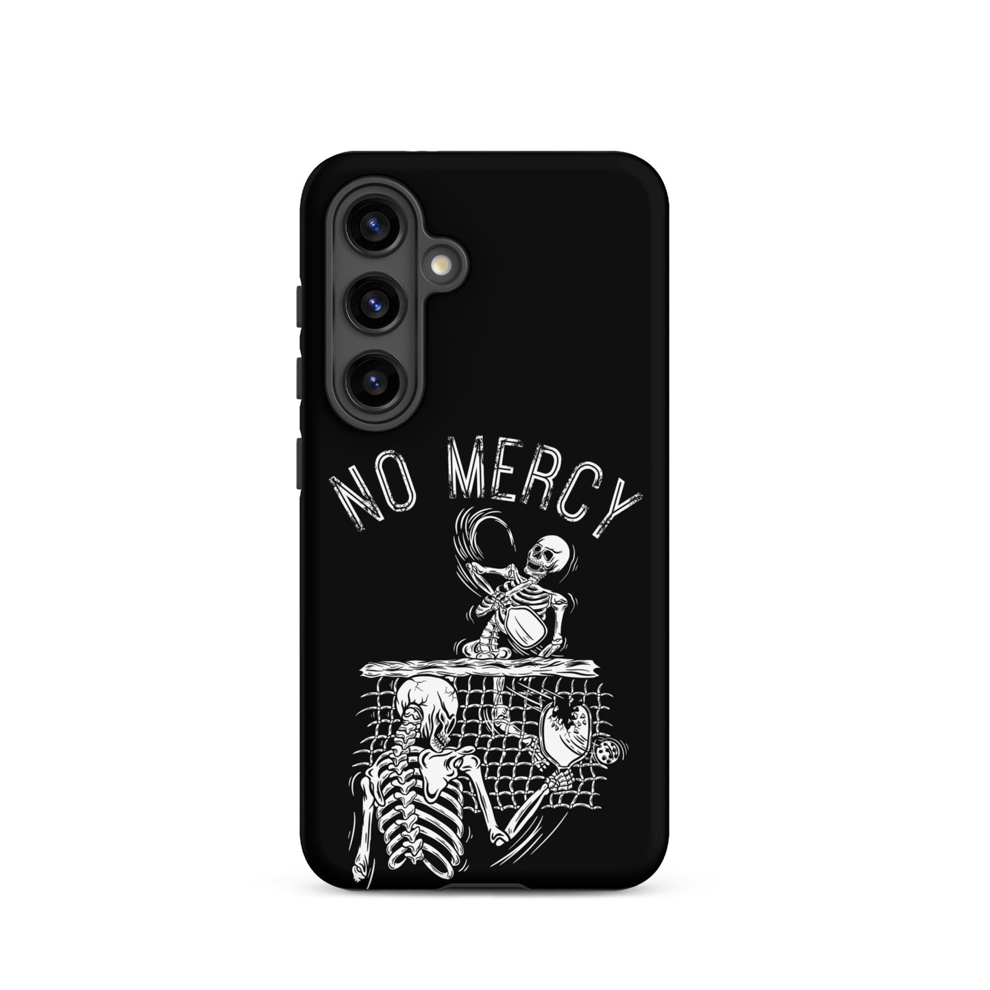 Pickleball Samsung Galaxy case featuring a skeleton theme with the text 'No Mercy' for aggressive players.