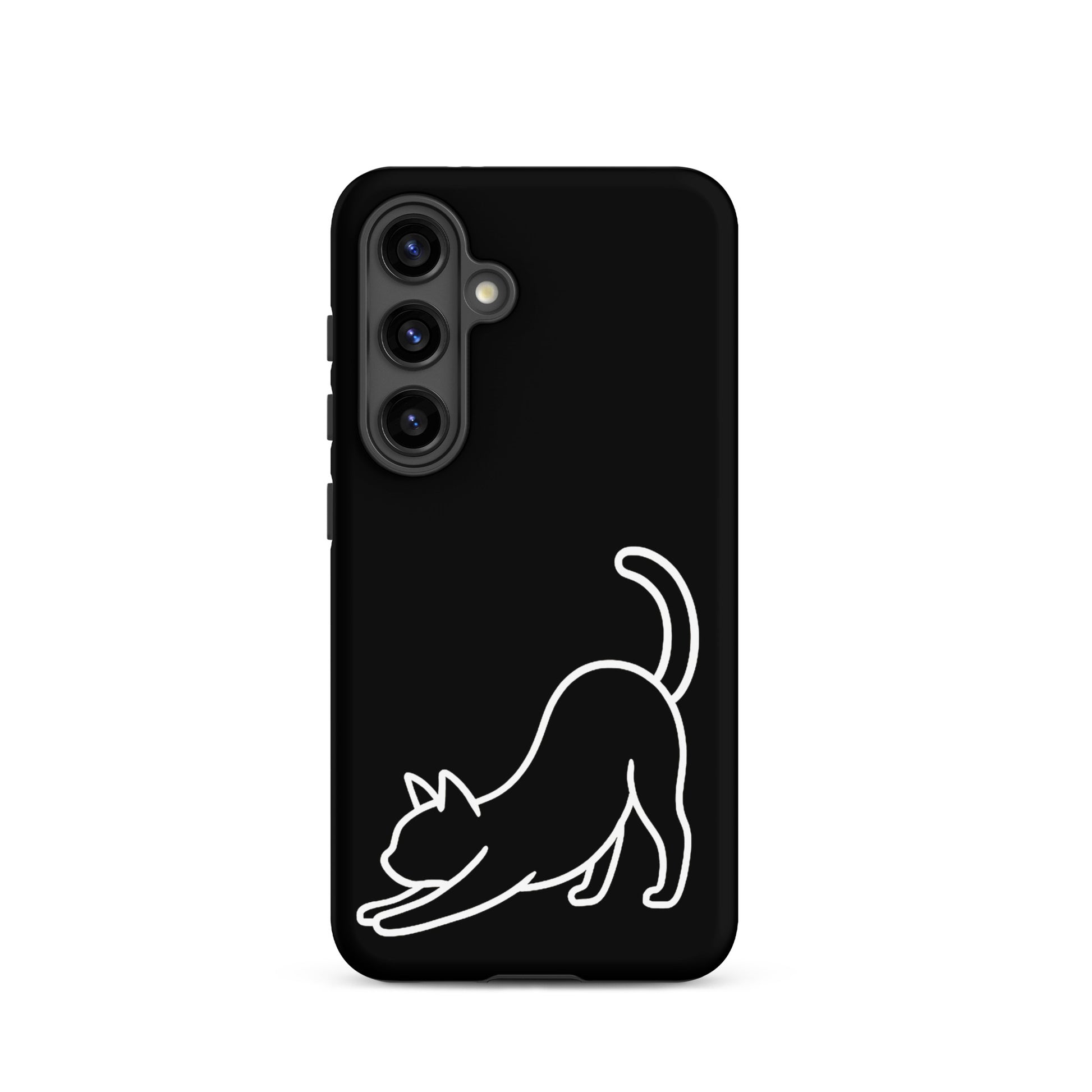 Phone Case for Samsung Galaxy featuring a minimalist stretching cat design on a sleek black background.