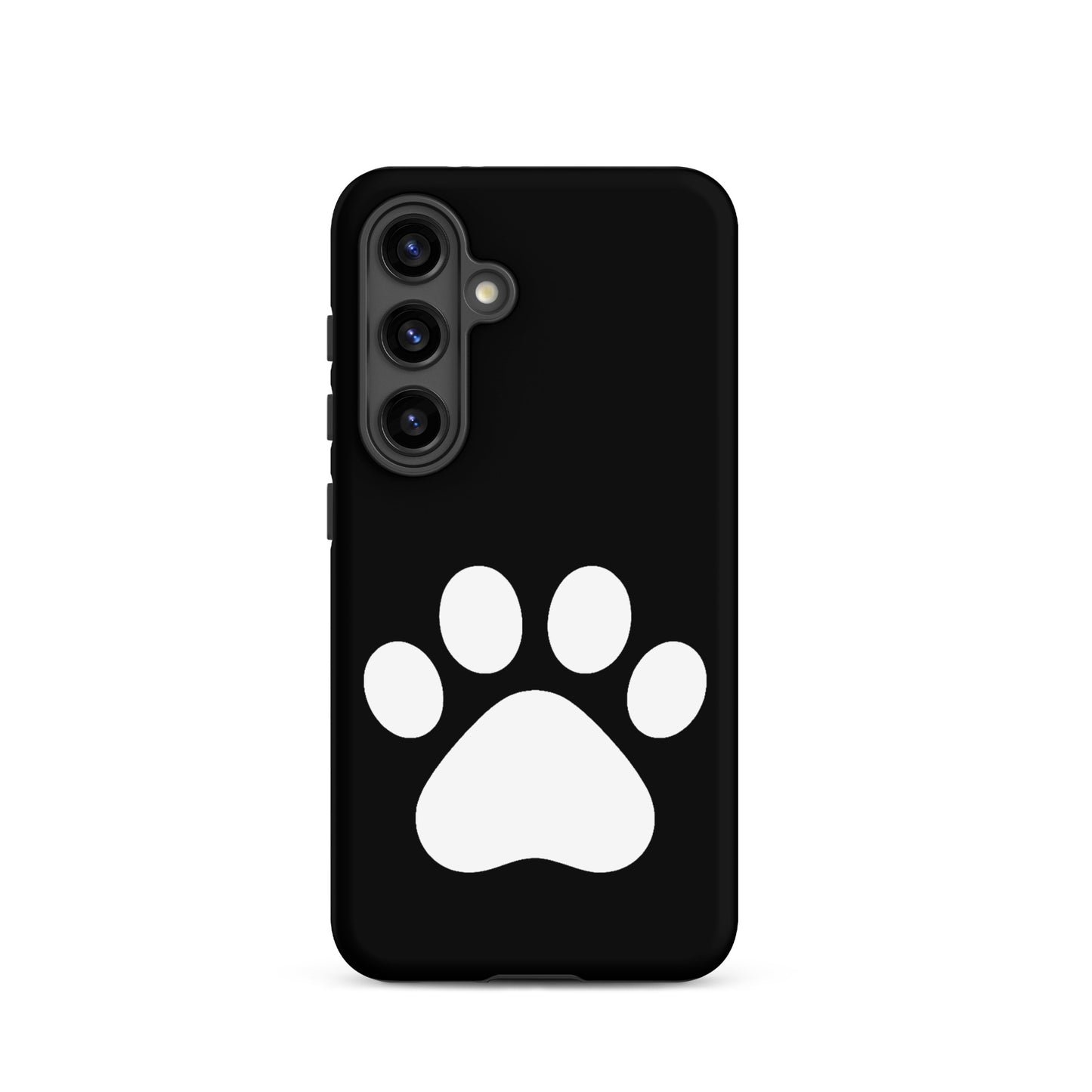 Phone Case for Samsung Galaxy featuring minimalist paw print design for pet lovers on a sleek black background.