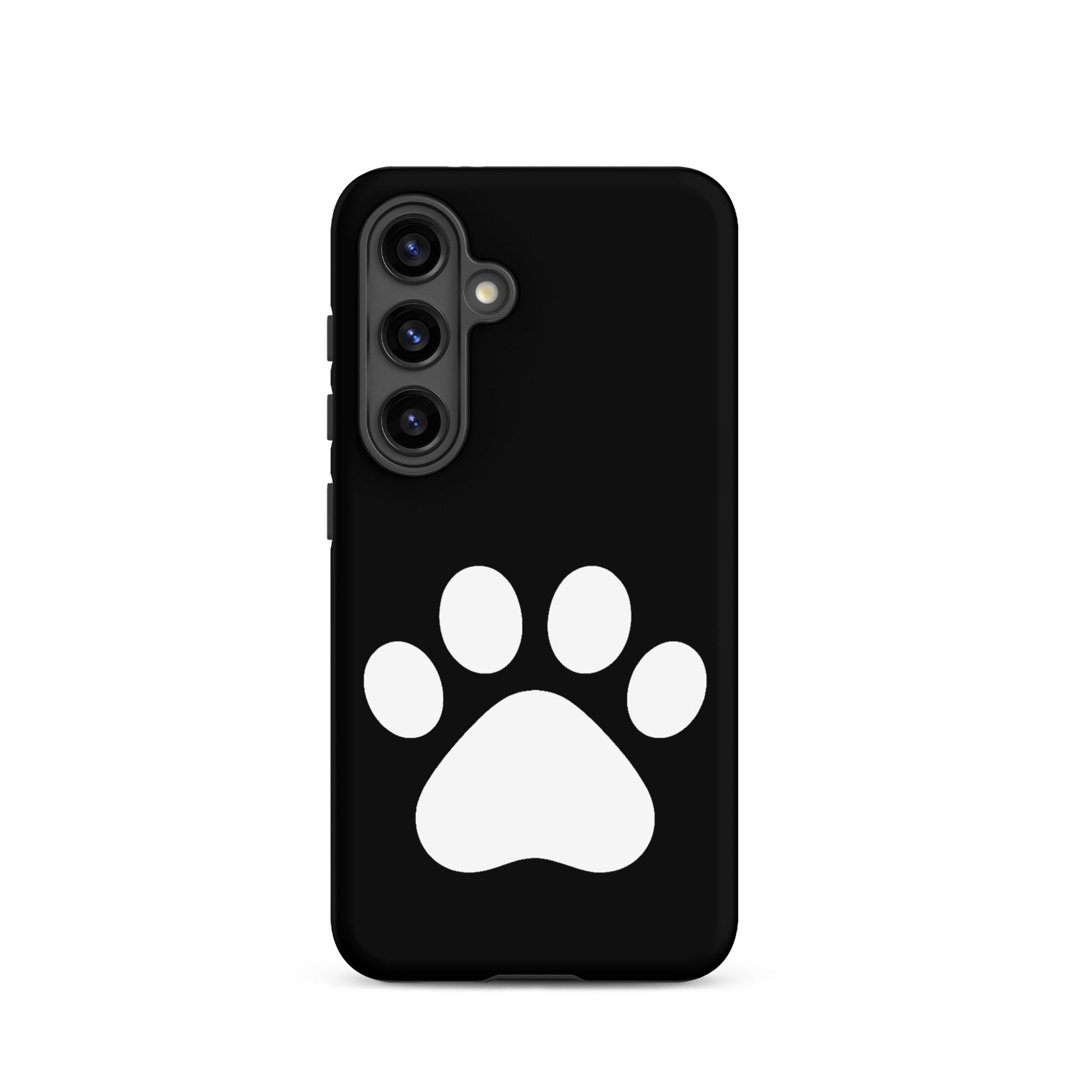 Phone Case for Samsung Galaxy featuring minimalist paw print design for pet lovers on a sleek black background.