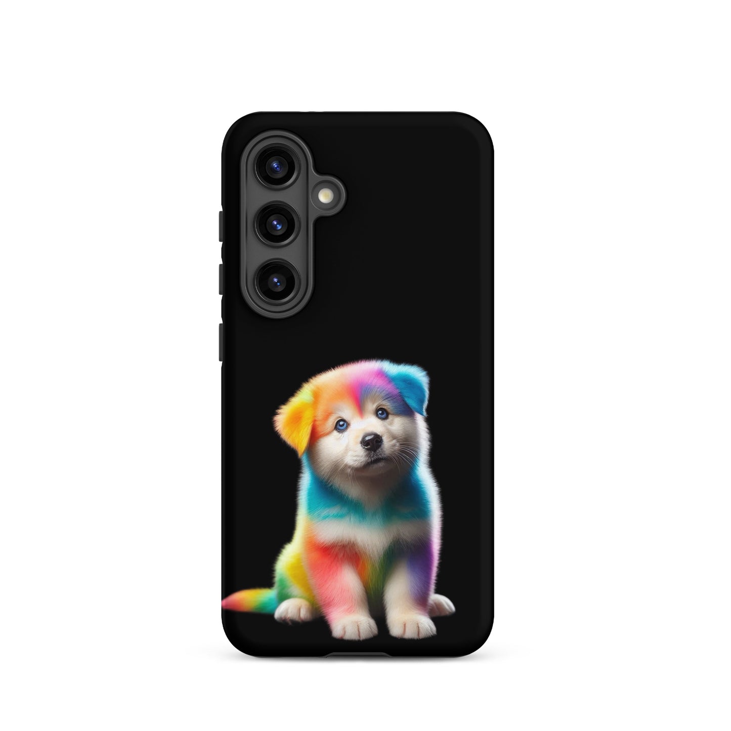 Phone Case for Samsung Galaxy featuring a colorful rainbow puppy on a black background.