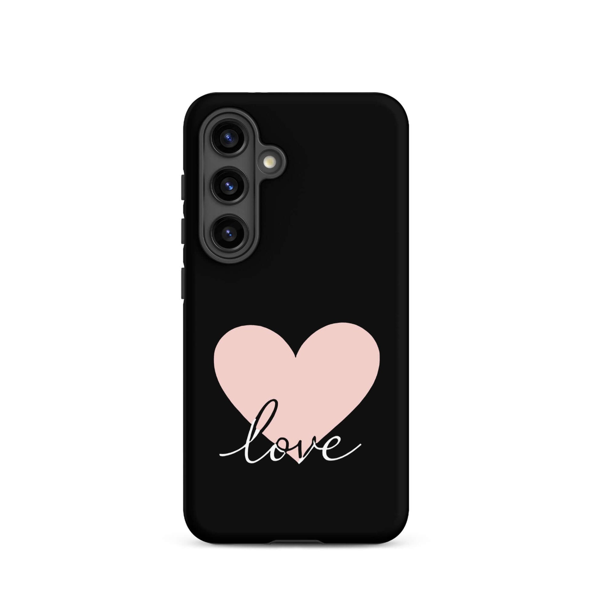 Phone Case Samsung Galaxy with pink heart and script love design on black background