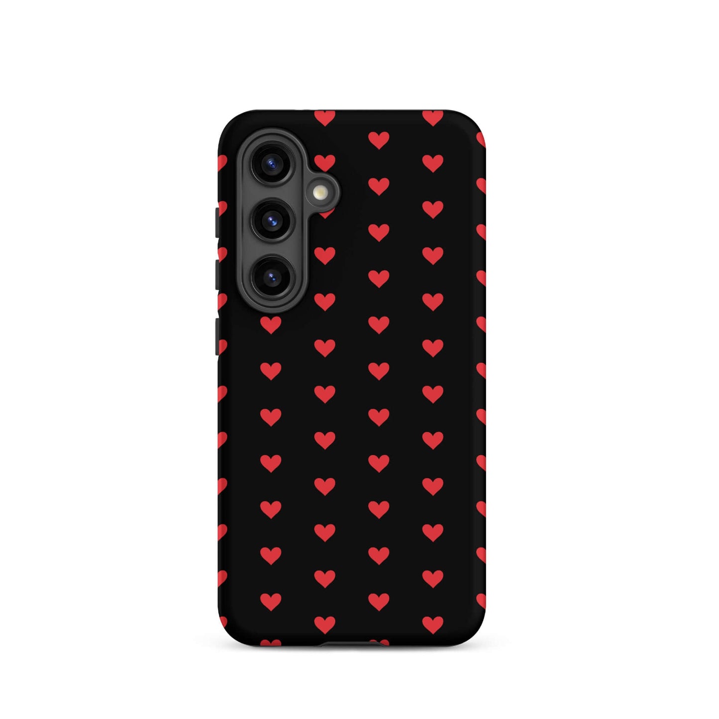 Phone Case for Samsung Galaxy featuring fiery red hearts on a black background, stylish and durable design.