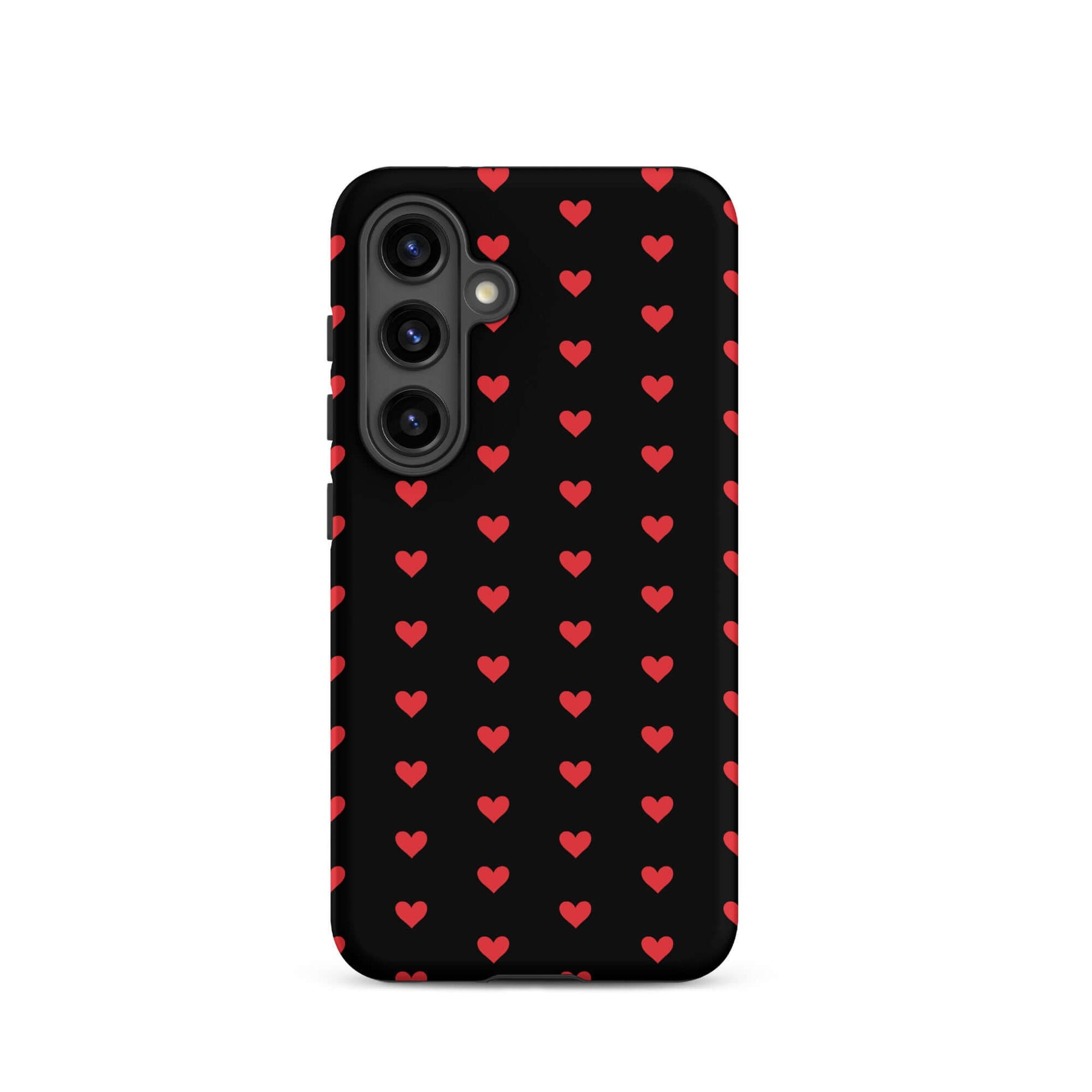 Phone Case for Samsung Galaxy featuring fiery red hearts on a black background, stylish and durable design.
