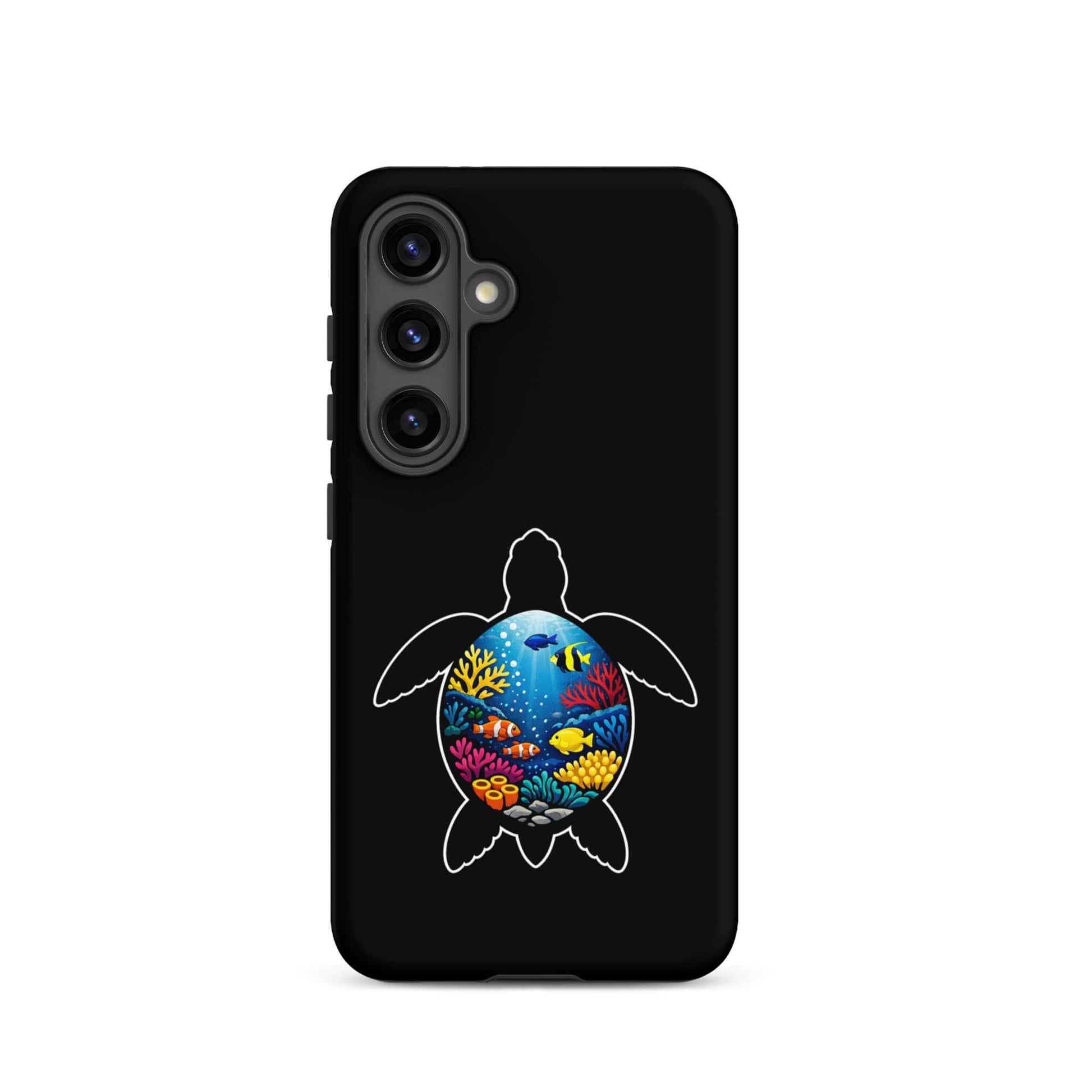 Phone case for Samsung Galaxy featuring a vibrant sea turtle reef design with colorful corals.