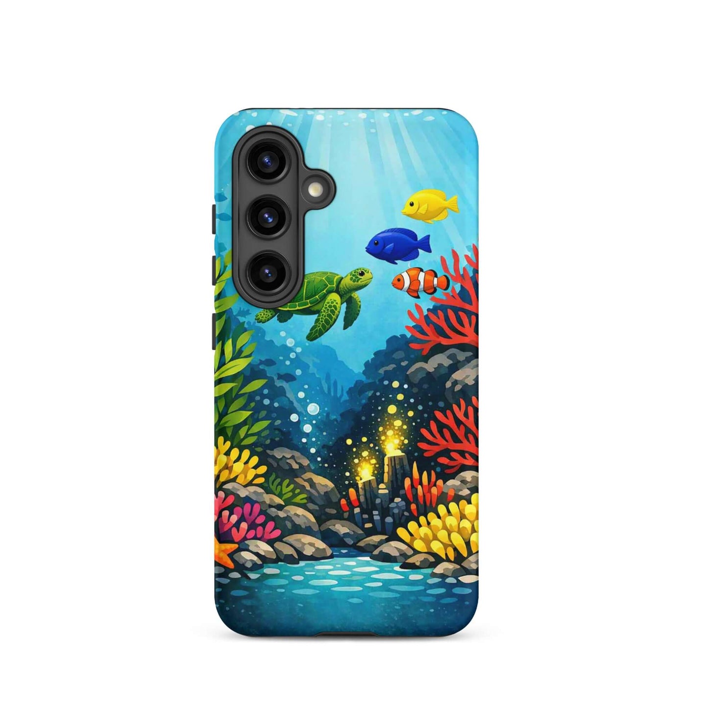Phone case featuring a vibrant sea turtle and coral reef design, ideal for Samsung Galaxy, celebrating marine life.