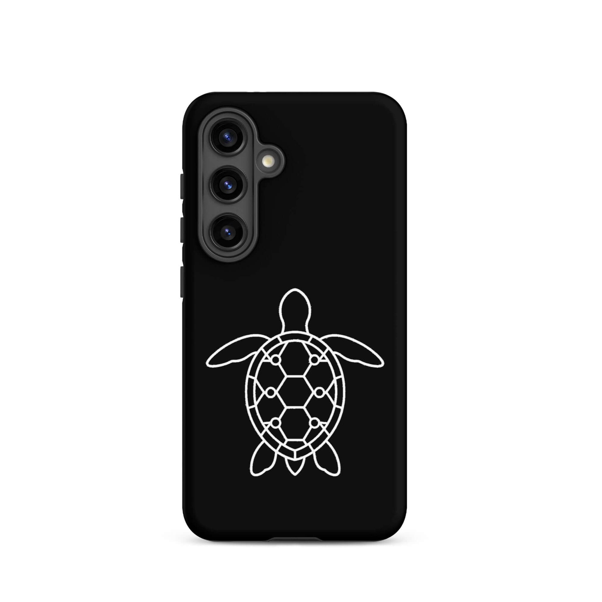 Phone case for Samsung Galaxy featuring a minimalist sea turtle silhouette design on a black background.