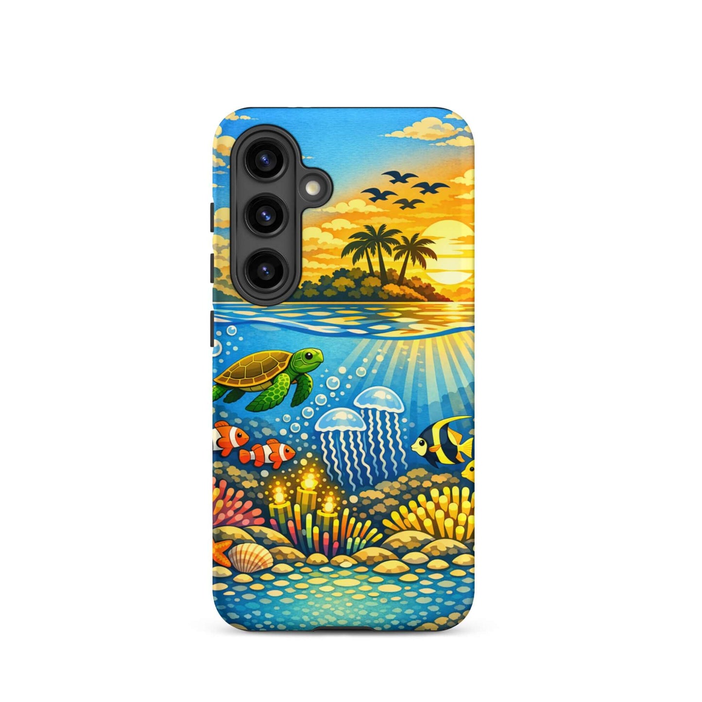Phone Case for Samsung Galaxy featuring tropical sunset and vibrant underwater reef scene.