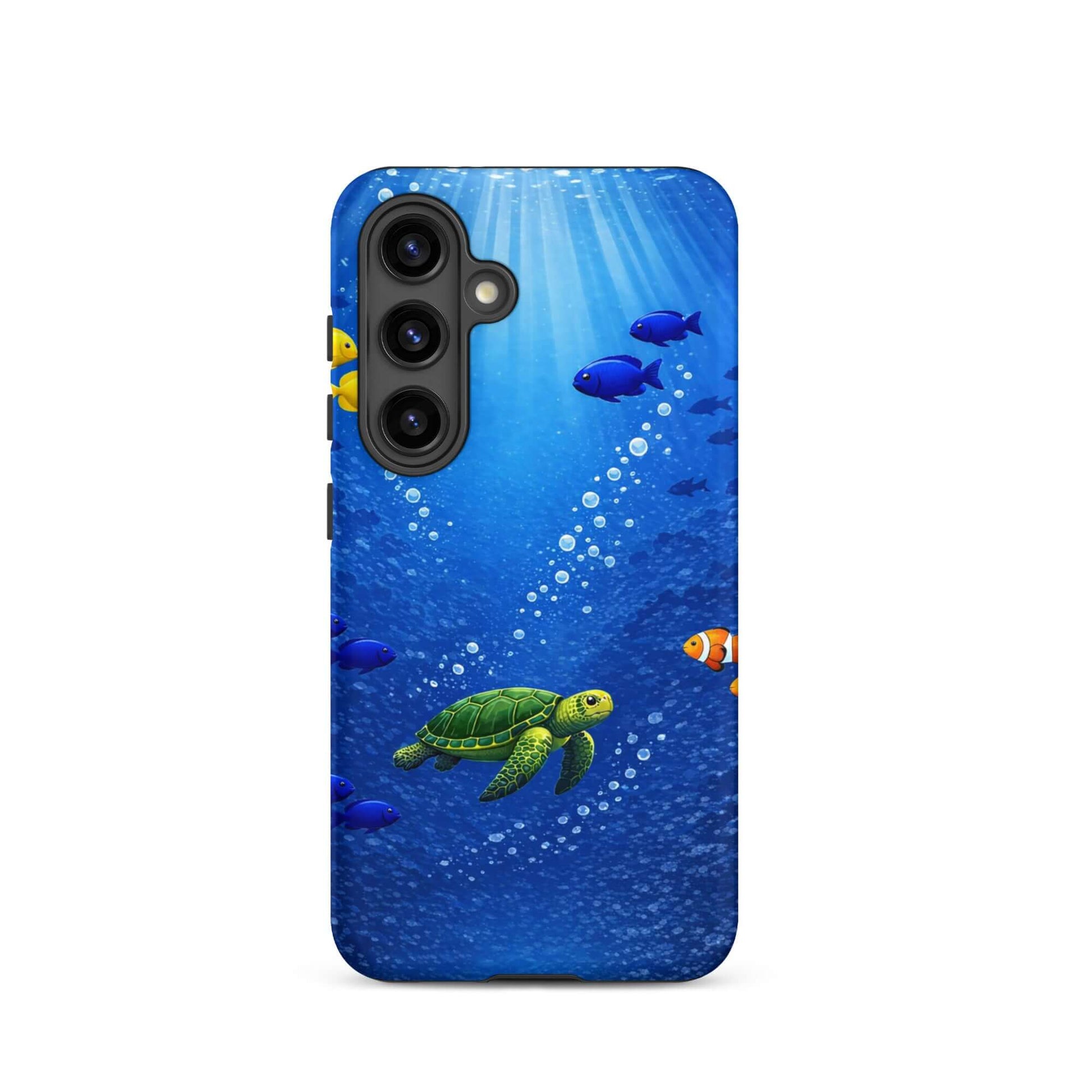 Phone Case for Samsung Galaxy featuring a sea turtle and tropical fish design in deep blue ocean colors.