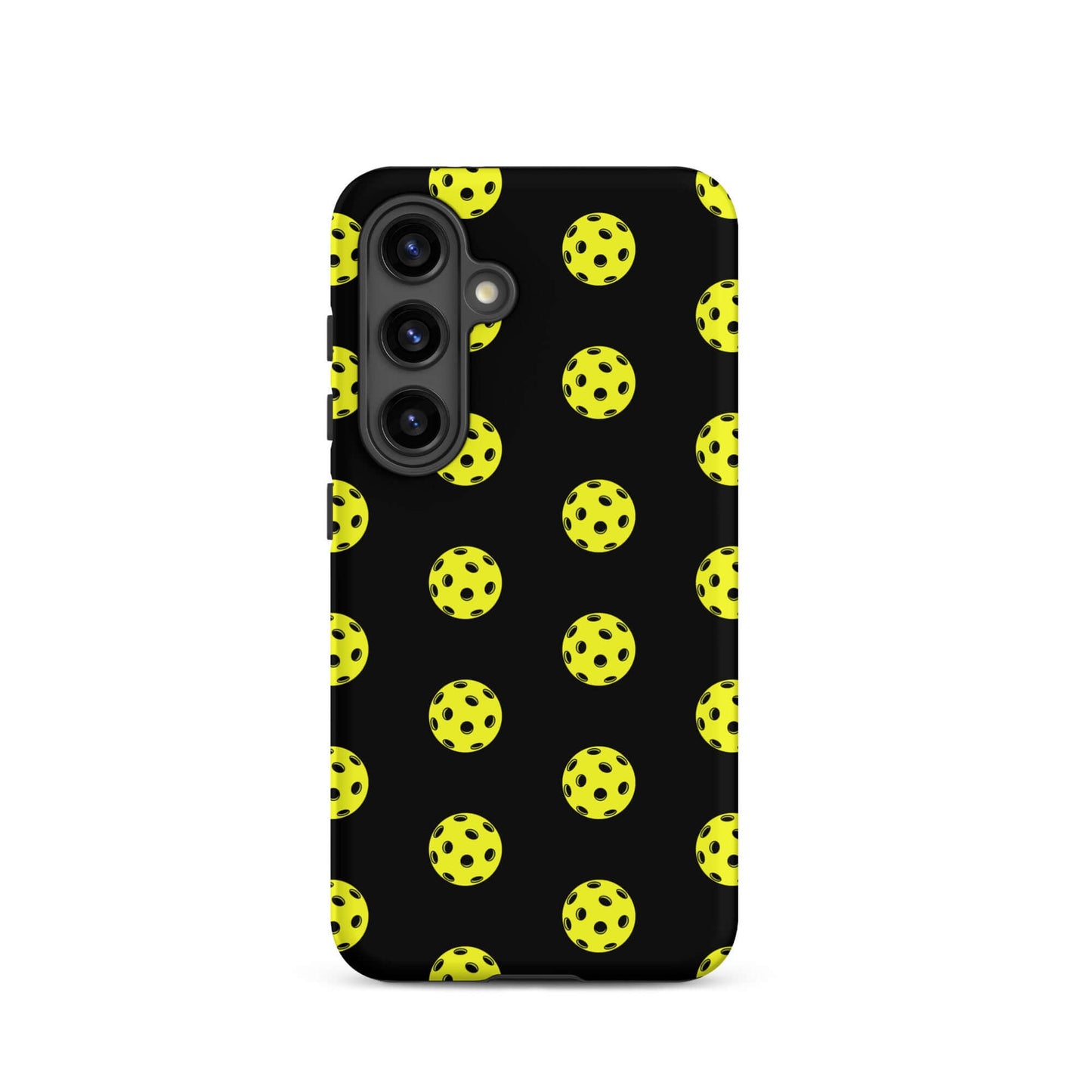 Phone Case for Samsung Galaxy featuring a playful pickleball pattern on a black background.