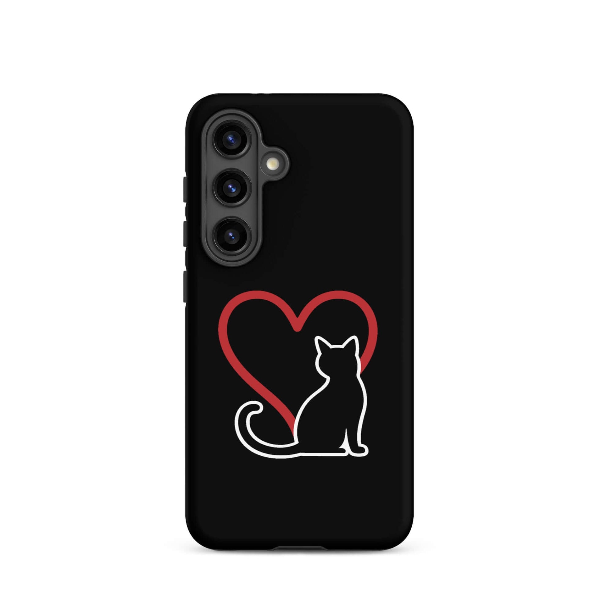 Phone Case for Samsung Galaxy with elegant cat design and red heart on a black background.